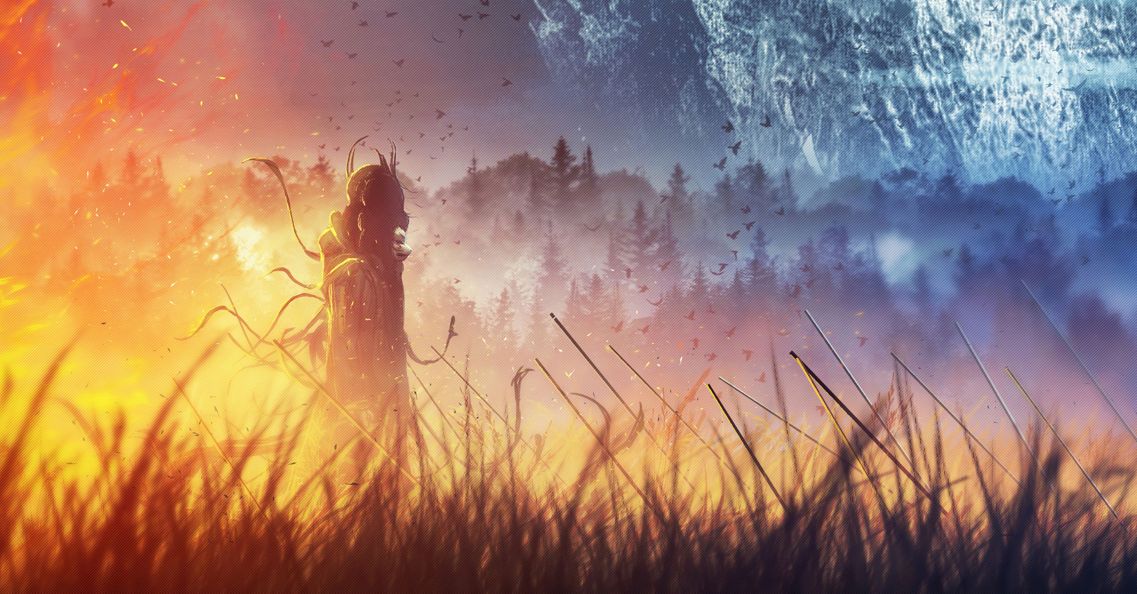 A woman with horns and wings stands in a field of tall grass - Samurai