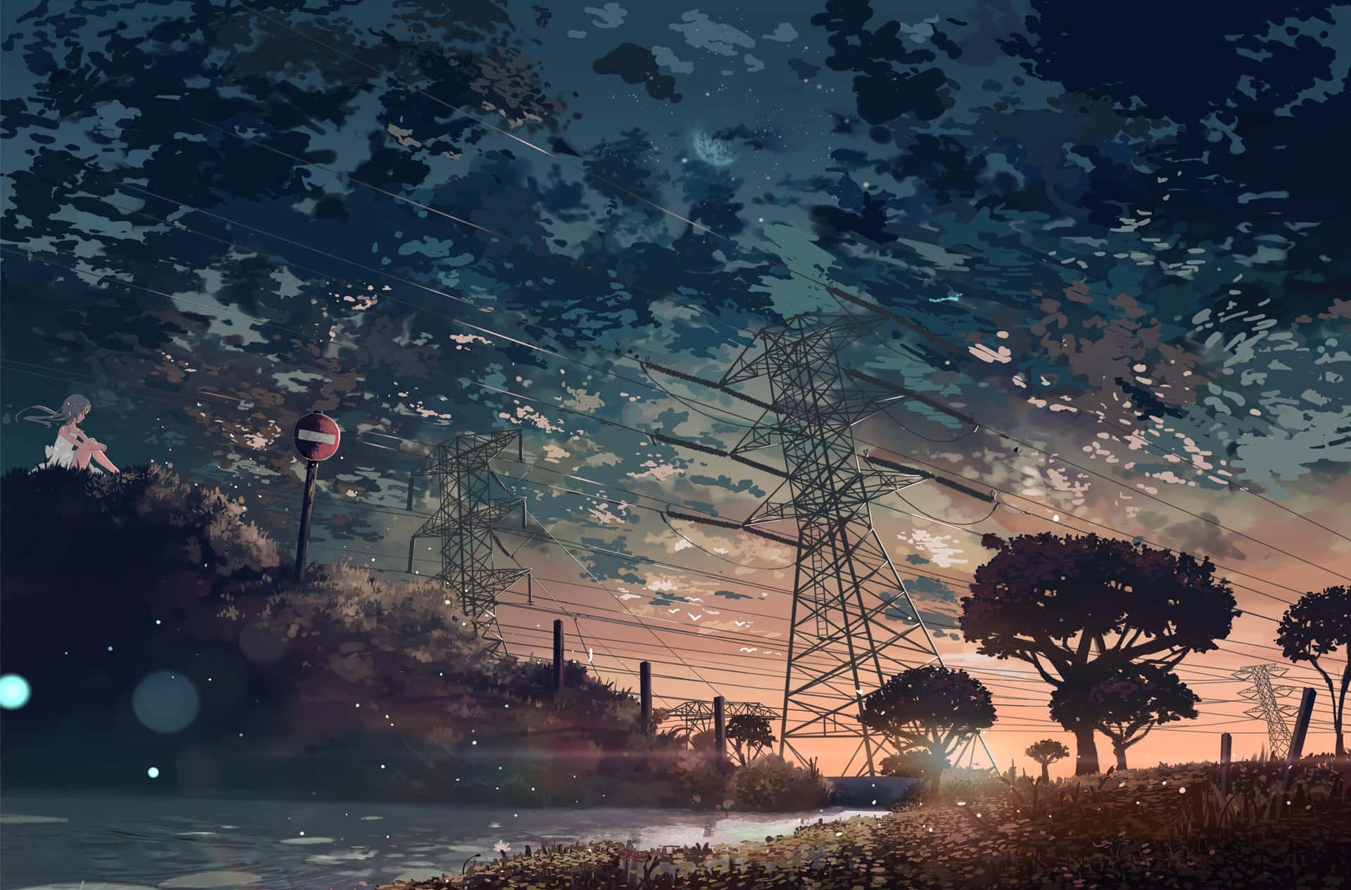 A beautiful sunset over a power line with a bird flying by - Desktop, anime, scenery
