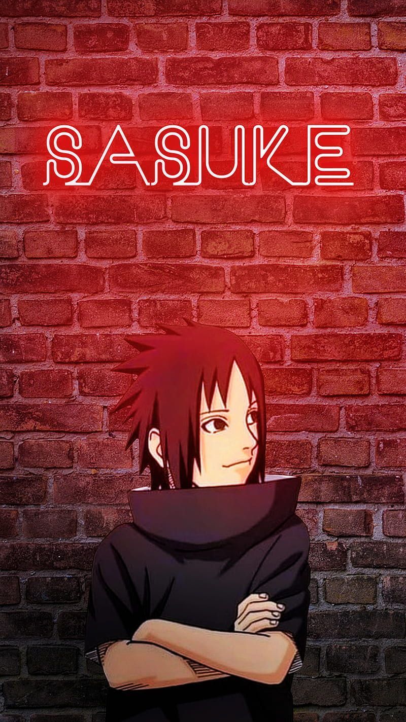 A man standing in front of brick wall with neon sign - Sasuke Uchiha