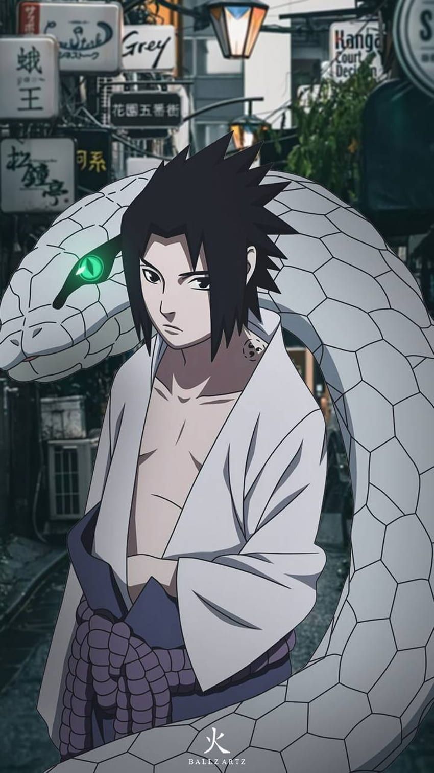 A picture of the character Naruto, with a snake wrapped around his neck - Sasuke Uchiha