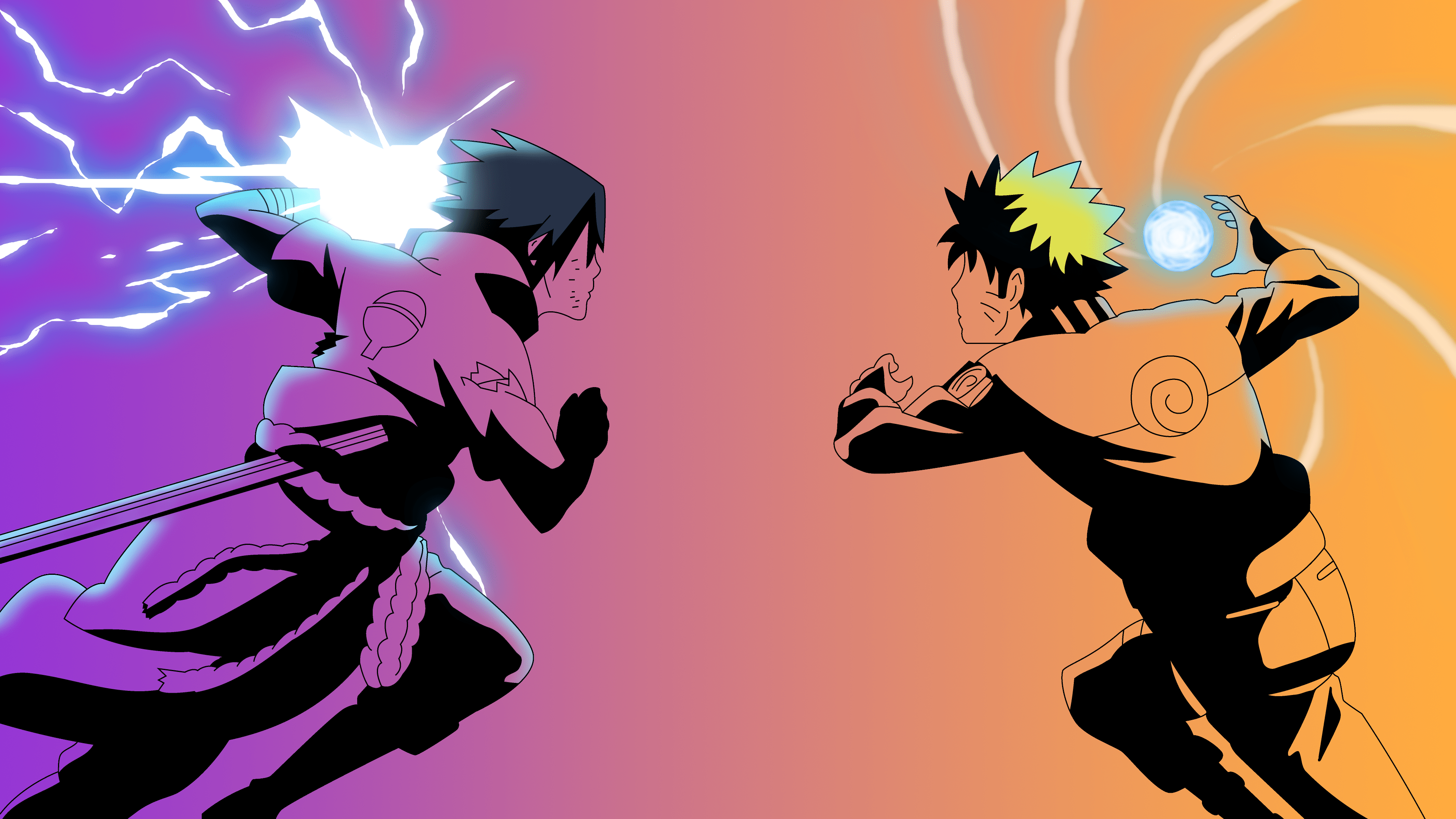 Two anime characters fighting each other in a colorful background - Sasuke Uchiha