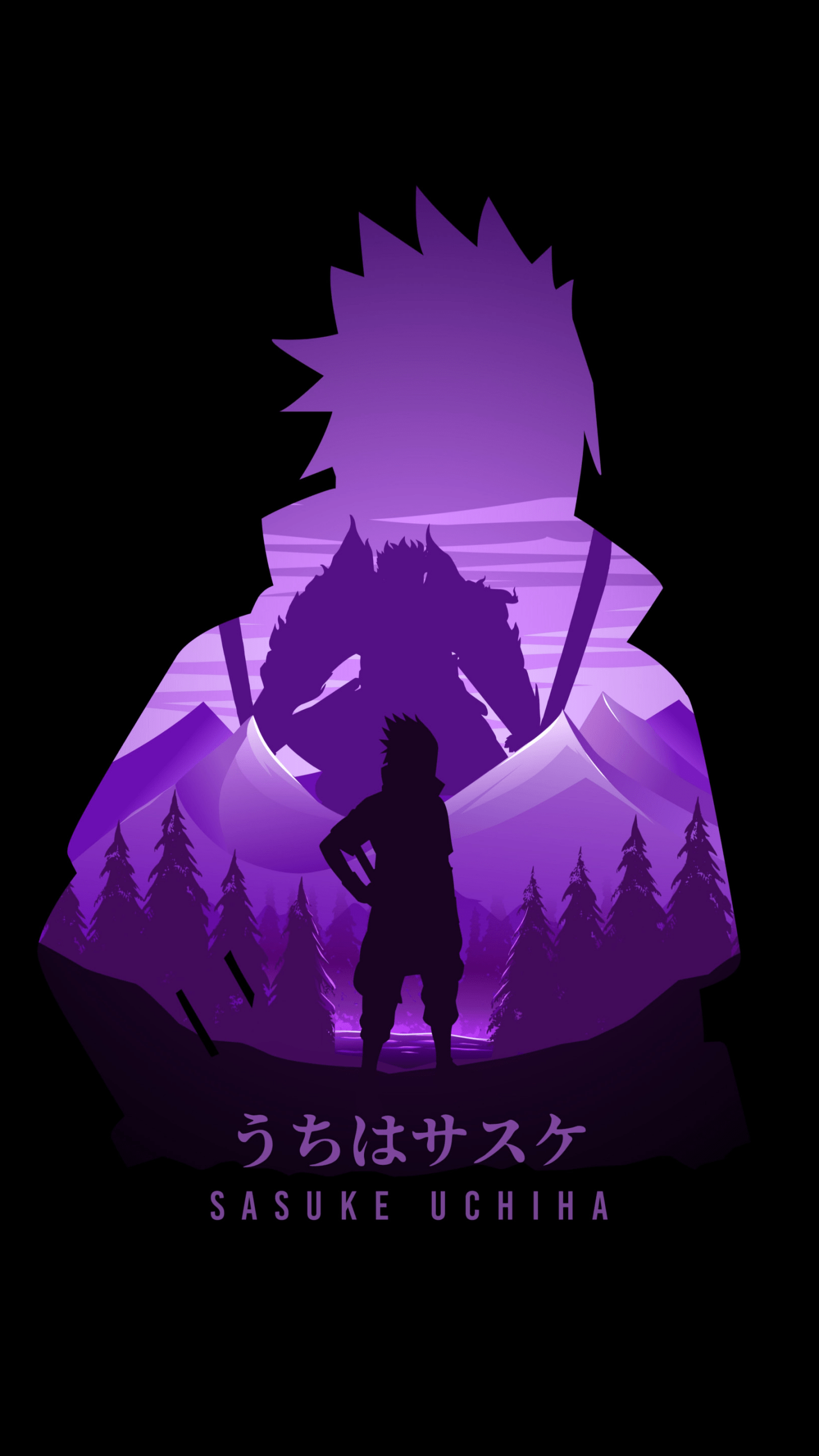An image of a purple background with the words sauske uchiha - Sasuke Uchiha