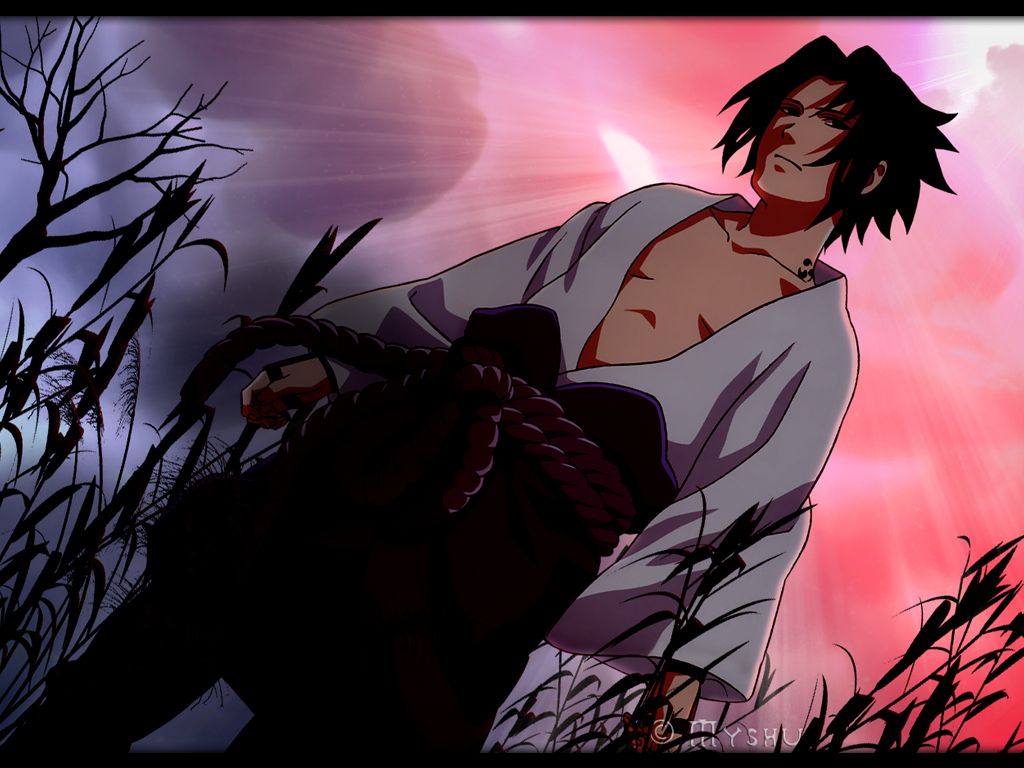 A dark haired man in a white shirt standing in front of a red sky - Sasuke Uchiha