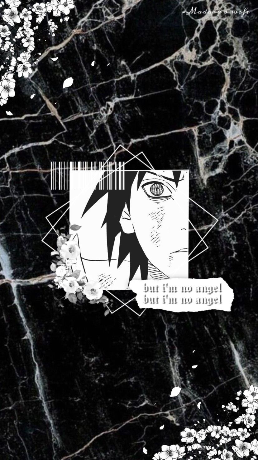 An image of a black and white marble background with text - Sasuke Uchiha