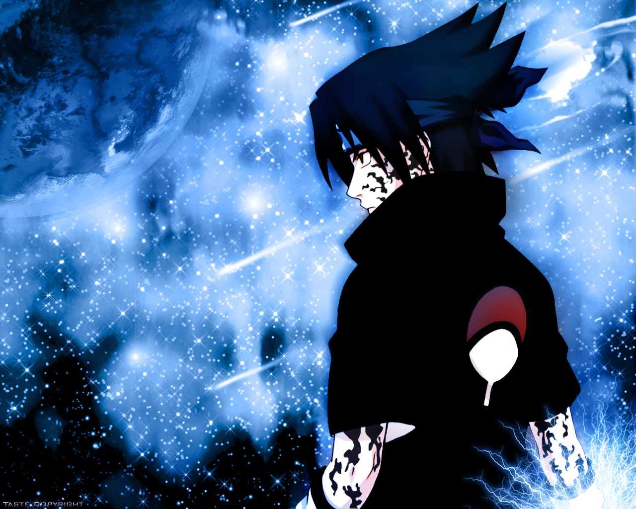 A person with black hair and blue eyes is standing in front of the stars - Sasuke Uchiha