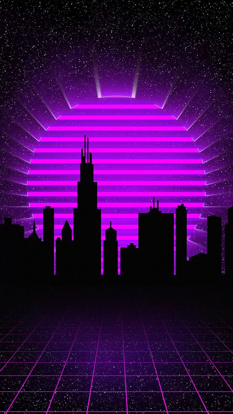 Cyber city, 80s, cyberpunk, darft punk, grid, purple, retro, retrowave, sun, HD phone wallpaper