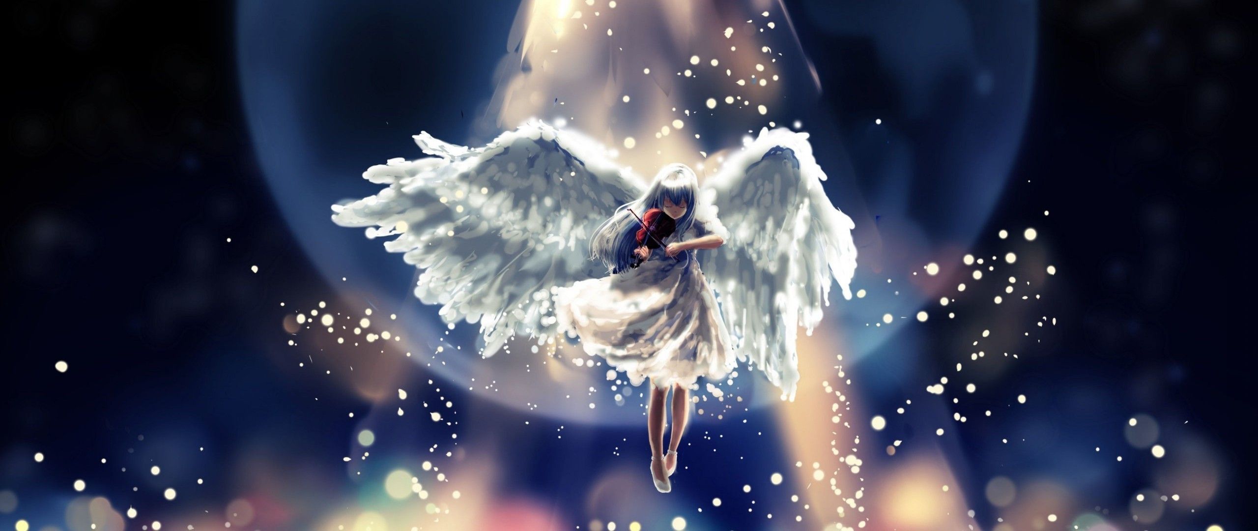 A beautiful anime girl with white wings flying in the sky - Wings