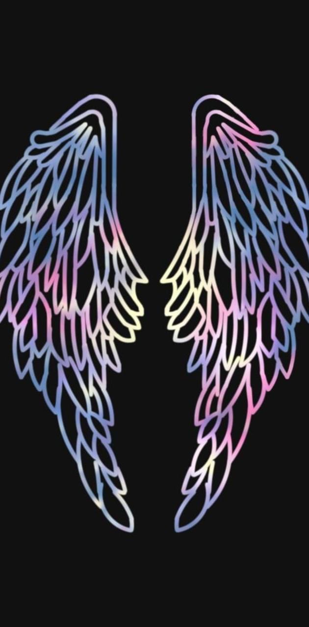 Aesthetic wallpaper of a pair of rainbow wings on a black background - Wings