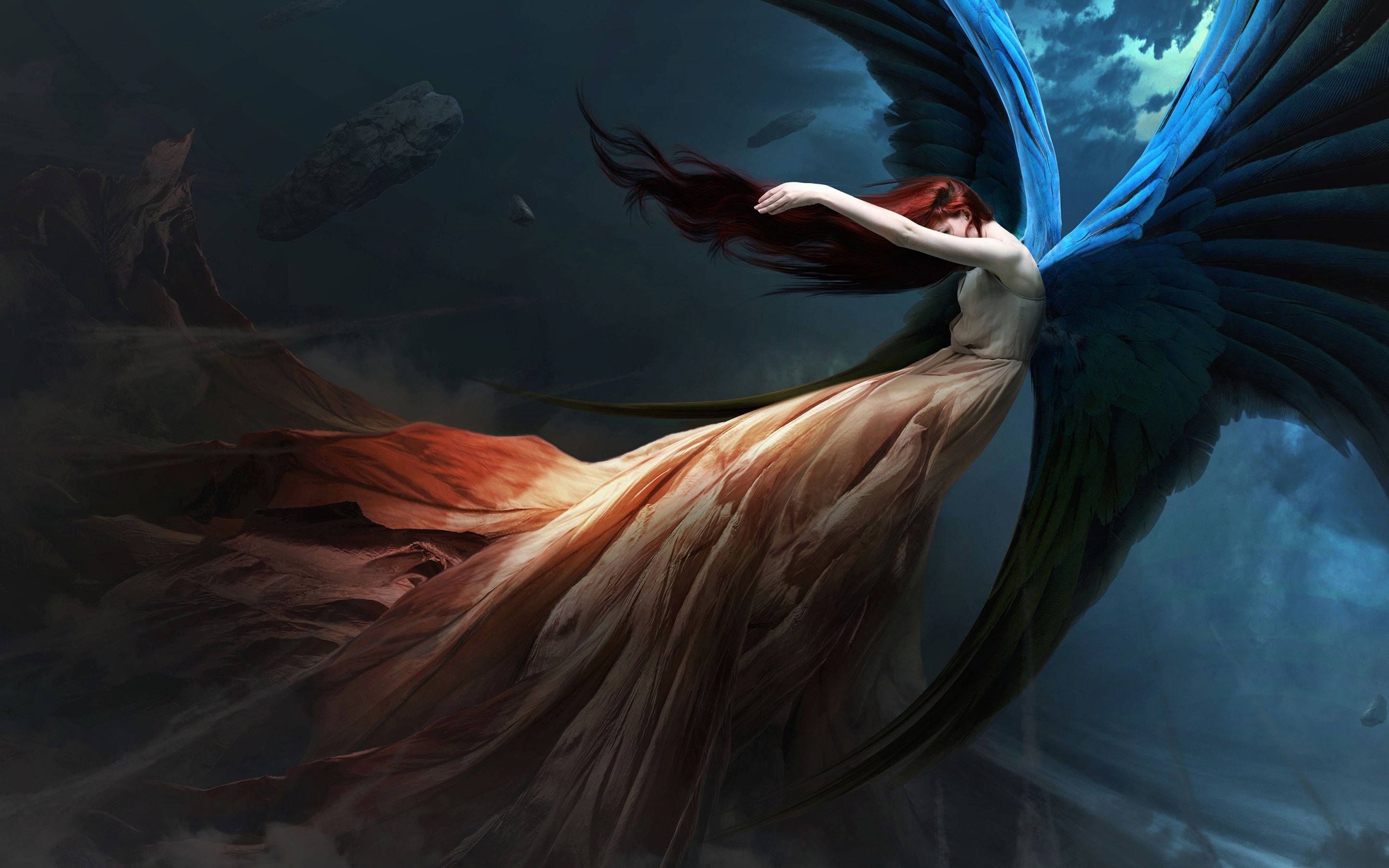 A beautiful fantasy art wallpaper of a woman with wings flying in the sky. - Wings