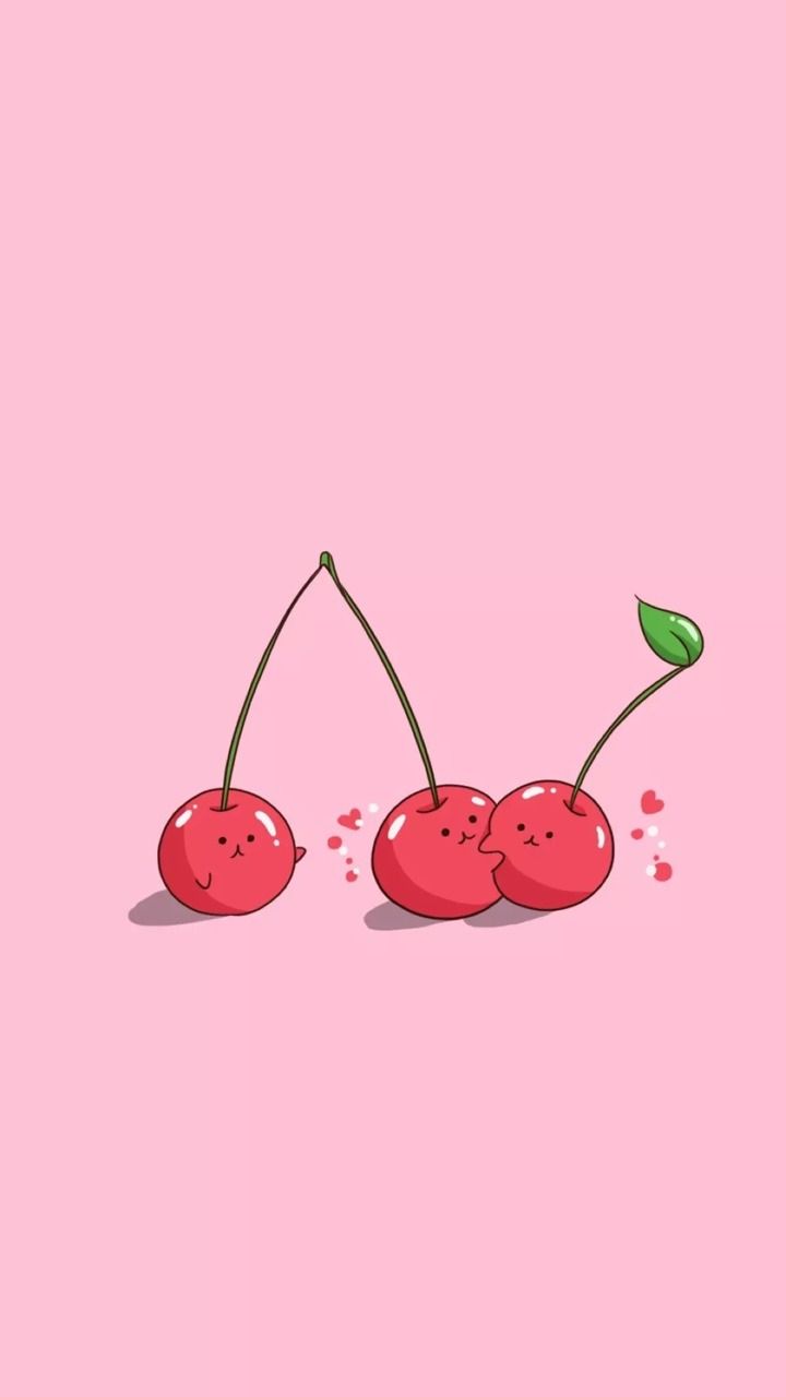 A cartoon cherry with leaves on pink background - Cherry