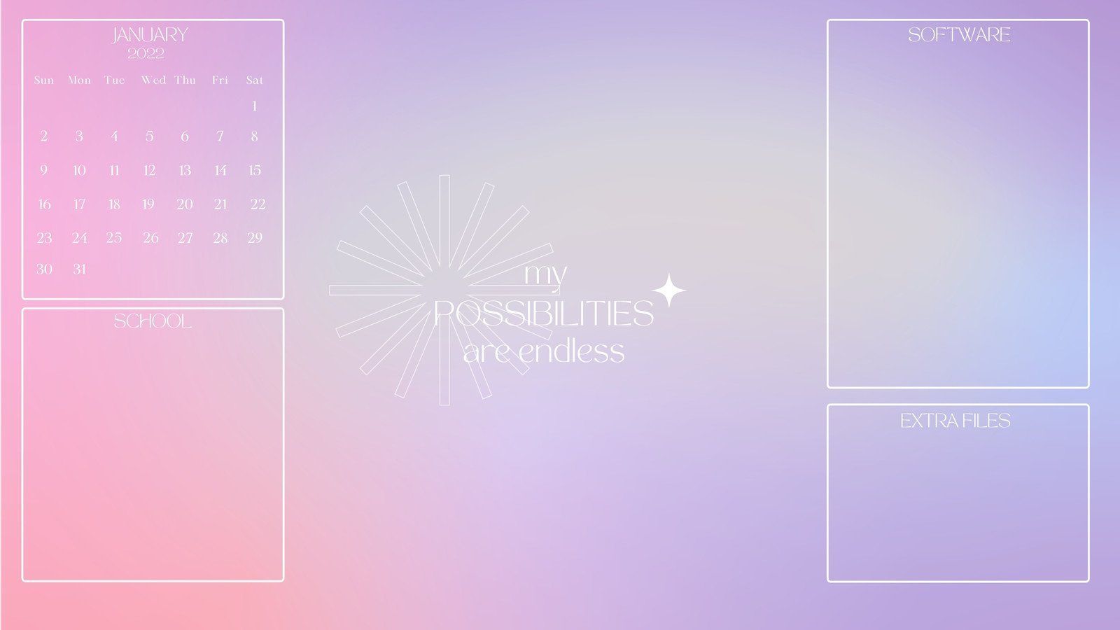 A pink and purple gradient background with a calendar on the left, a logo in the middle and two file boxes on the right. - Modern