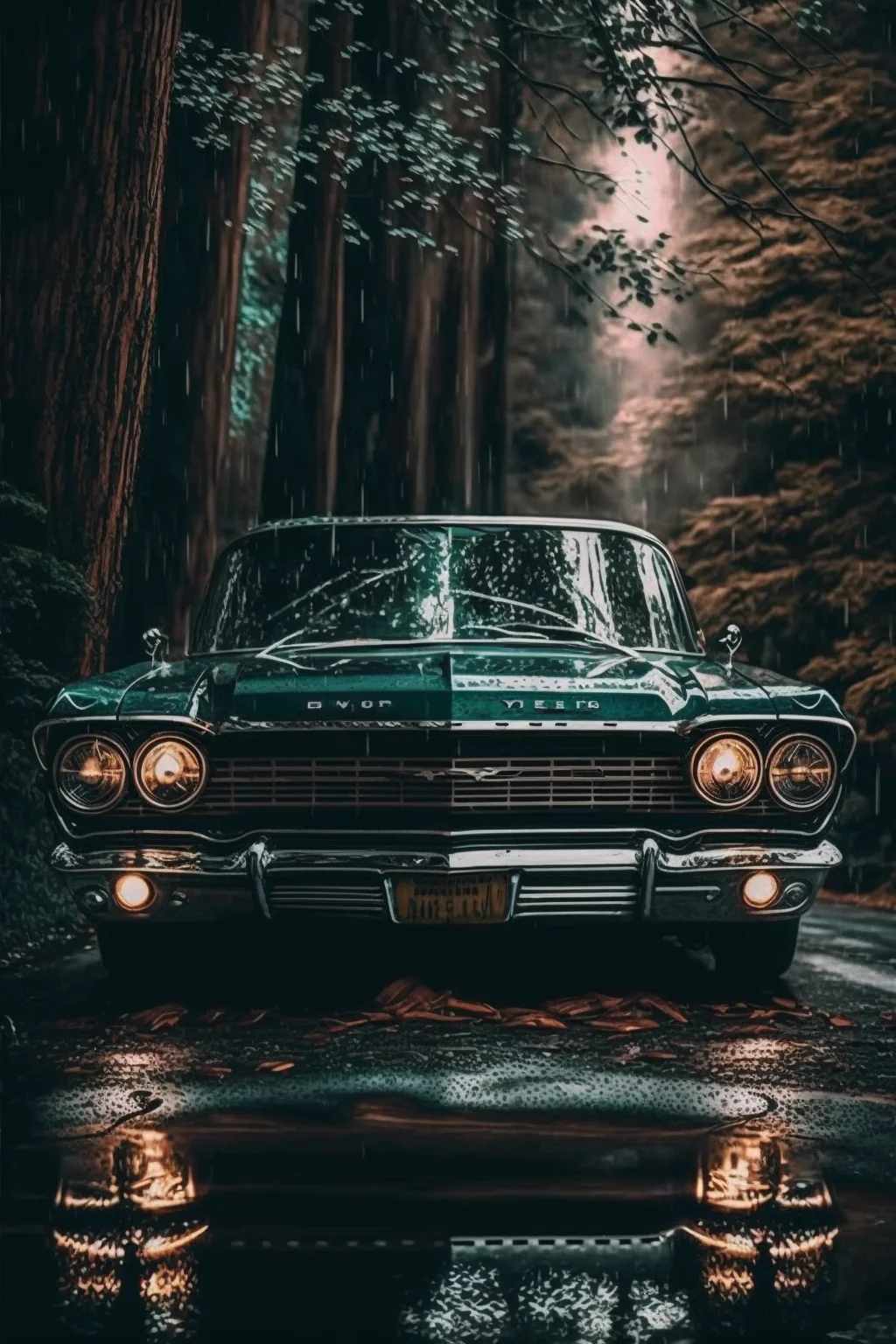 A green classic car parked in the rain. - Modern, technology, cars