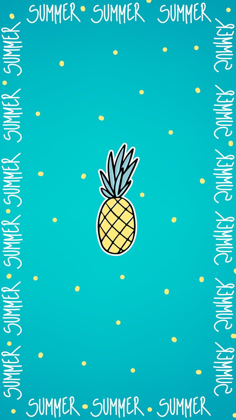 A blue background with a pineapple in the middle and the word summer all around - Pineapple