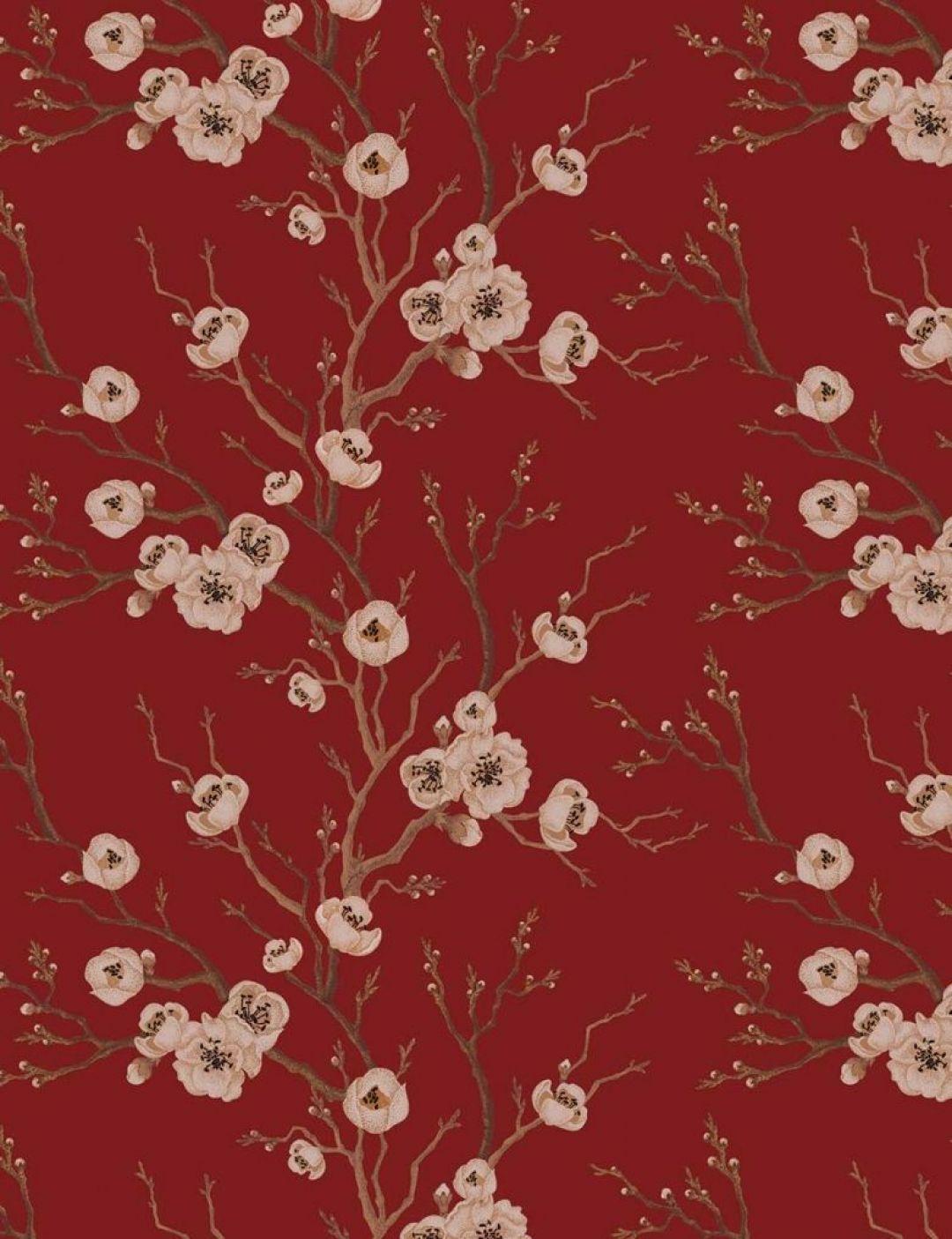 Red wallpaper with a branch of flowers - Cherry