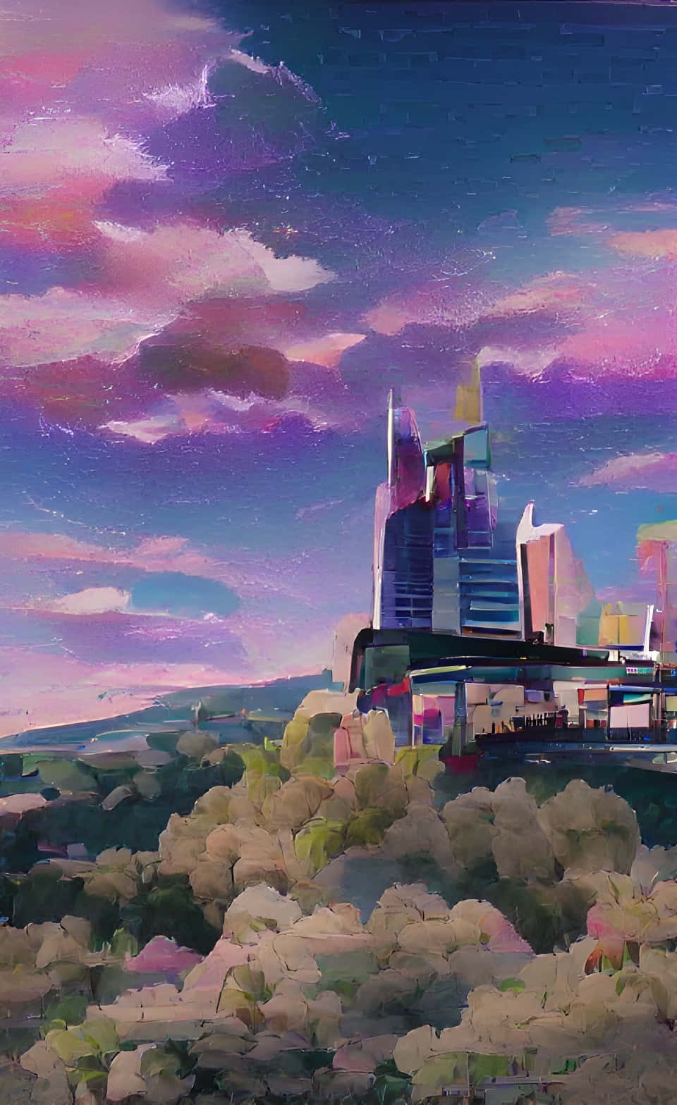 A painting of the city with purple clouds - Modern