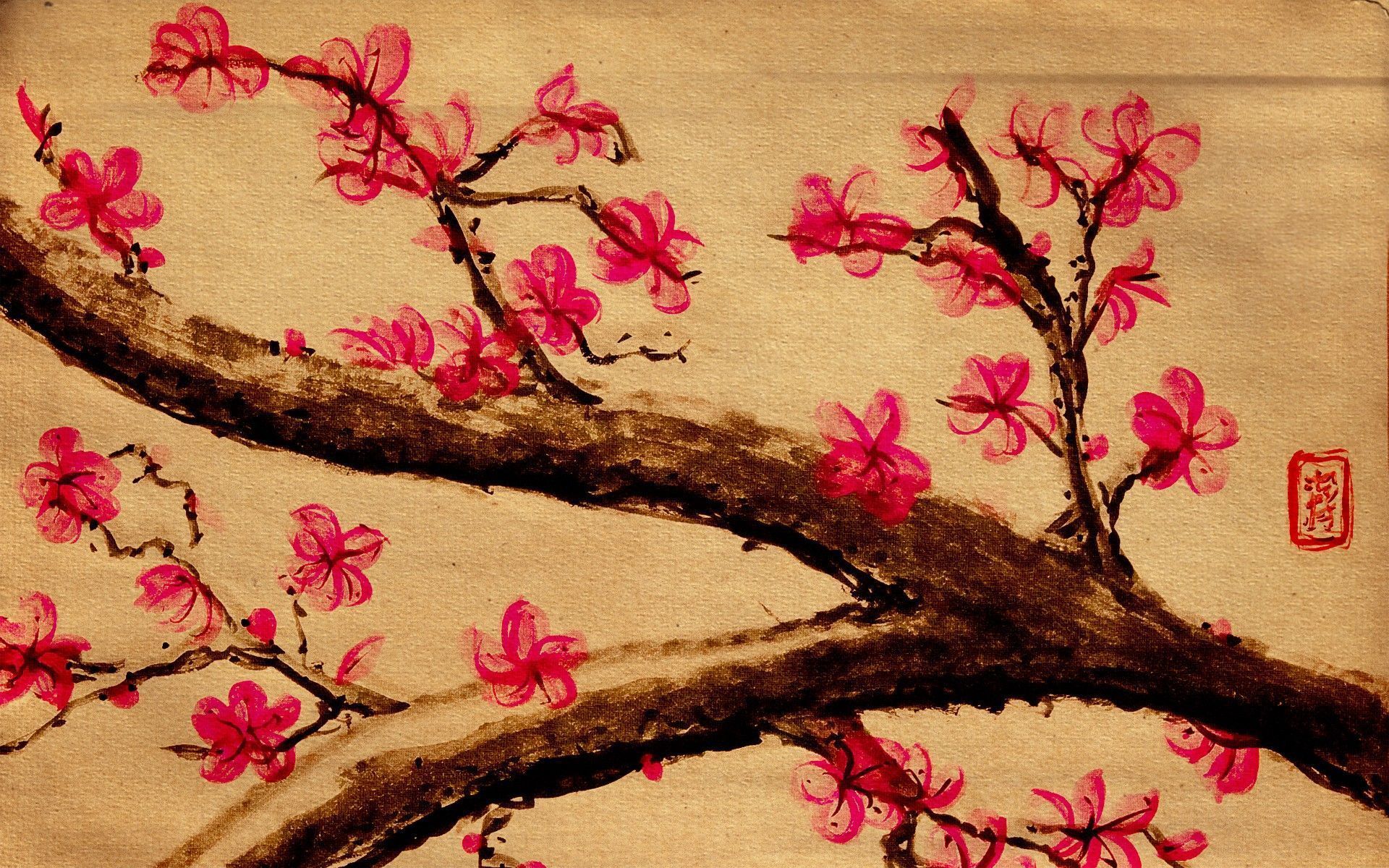 A painting of a tree branch with pink flowers - Cherry