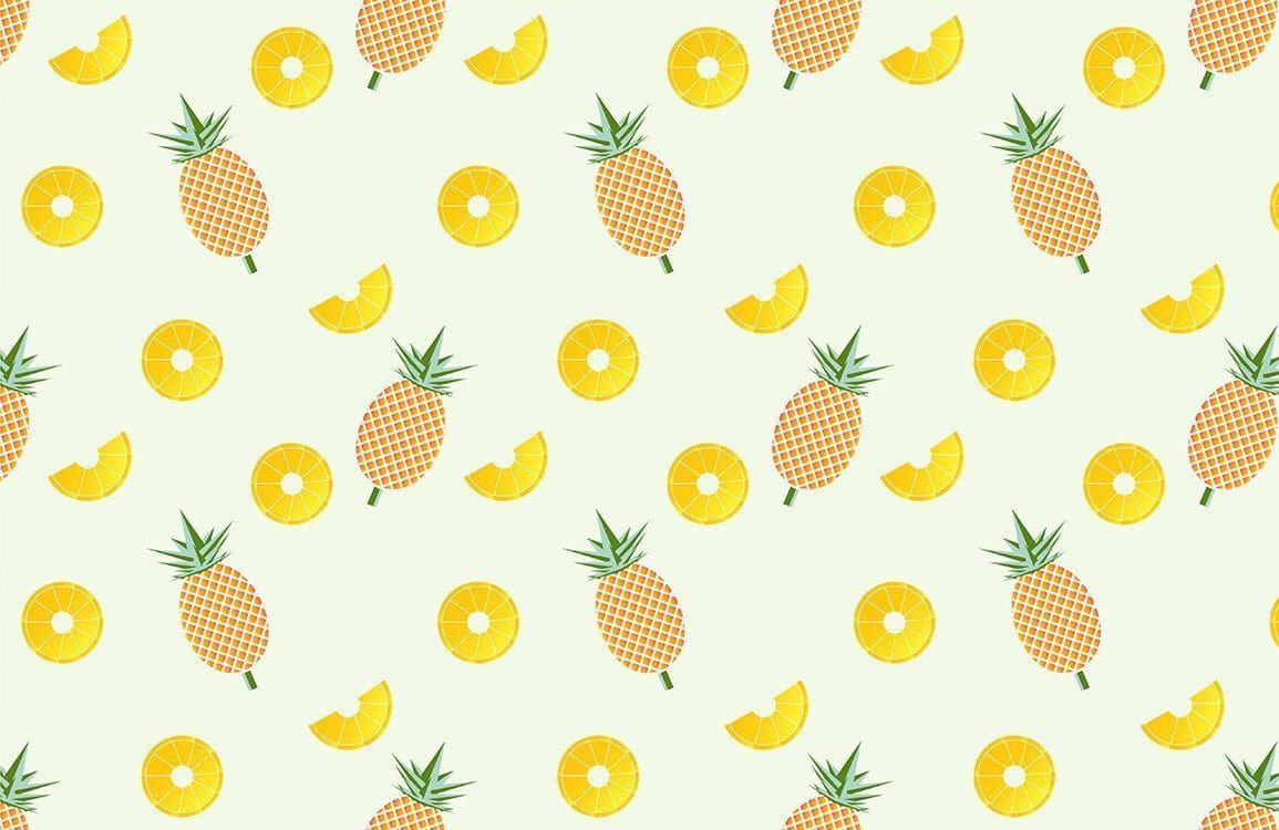 A pattern of pineapple slices and whole pineapples on a pale green background. - Pineapple