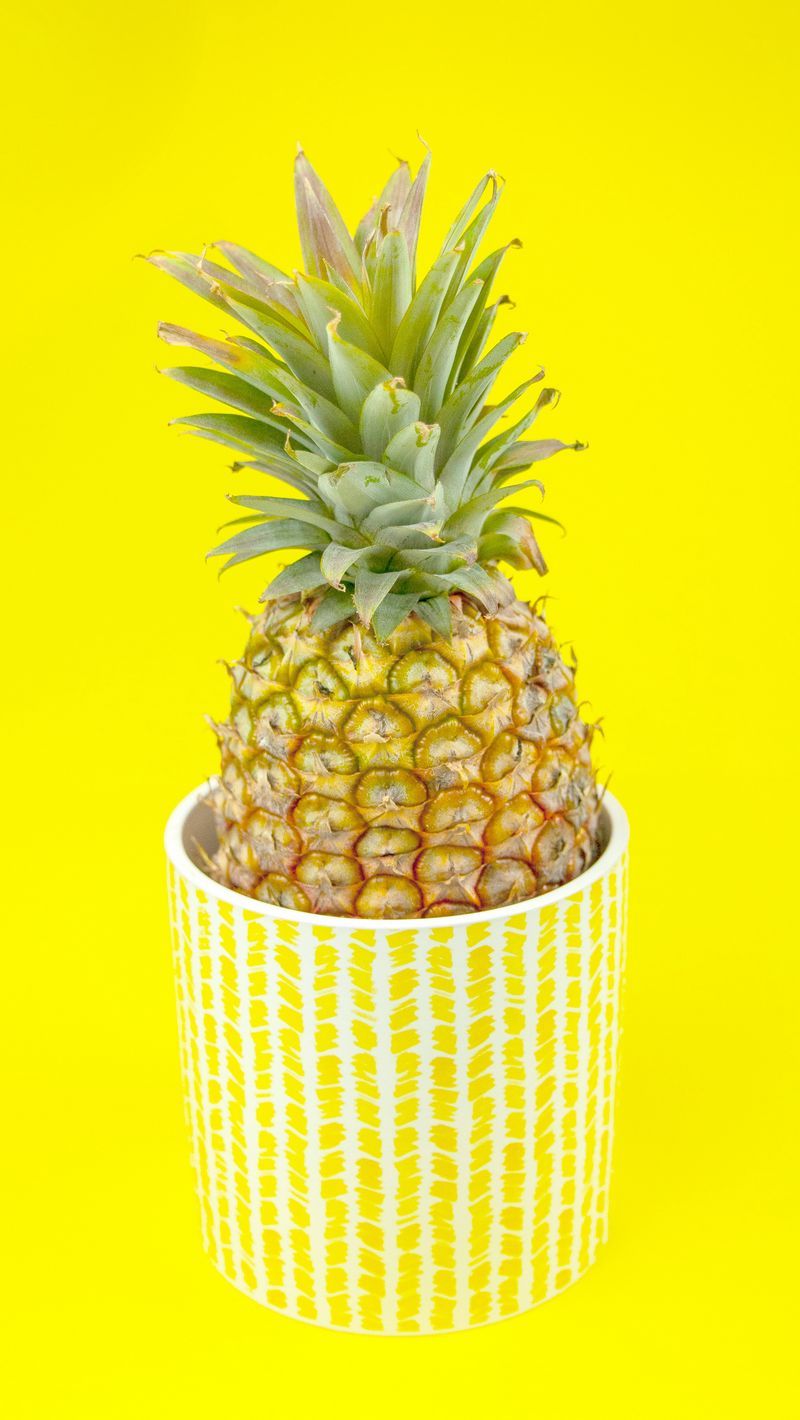 A pineapple in a yellow and white container - Pineapple