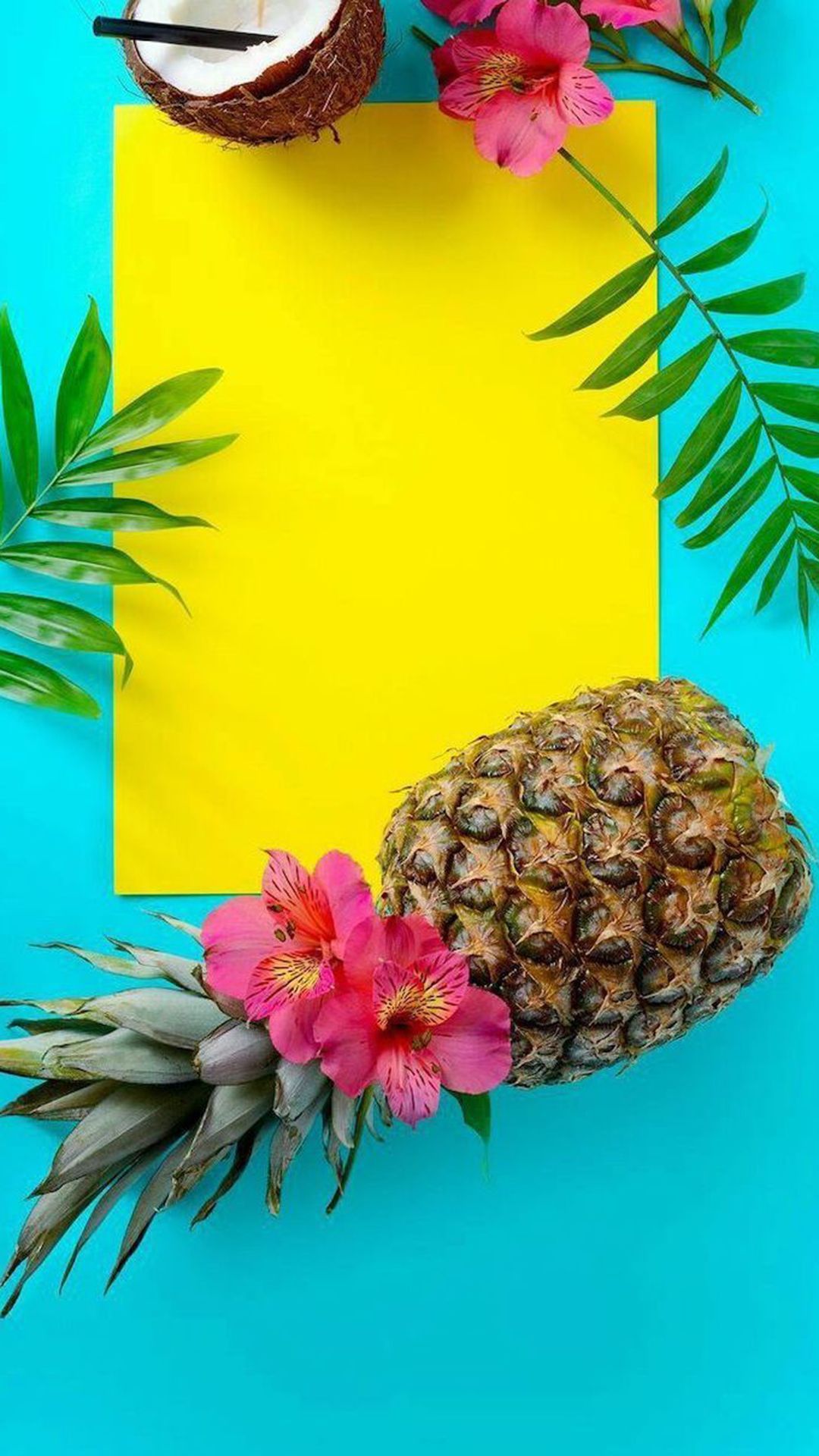 A tropical fruit and flowers on blue background - Pineapple