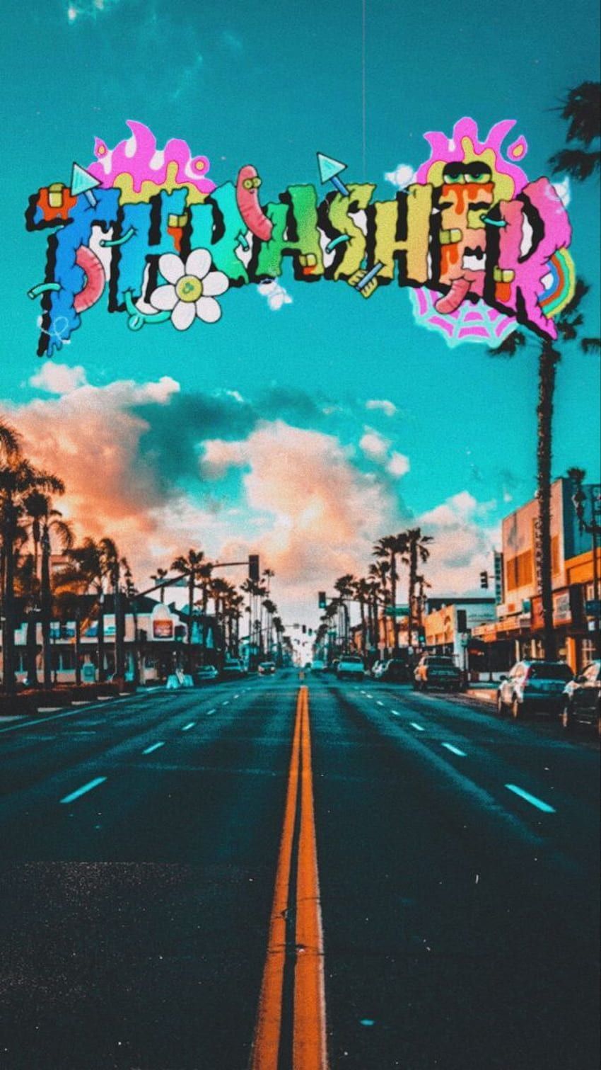 Aesthetic phone background of a street with palm trees and the word 