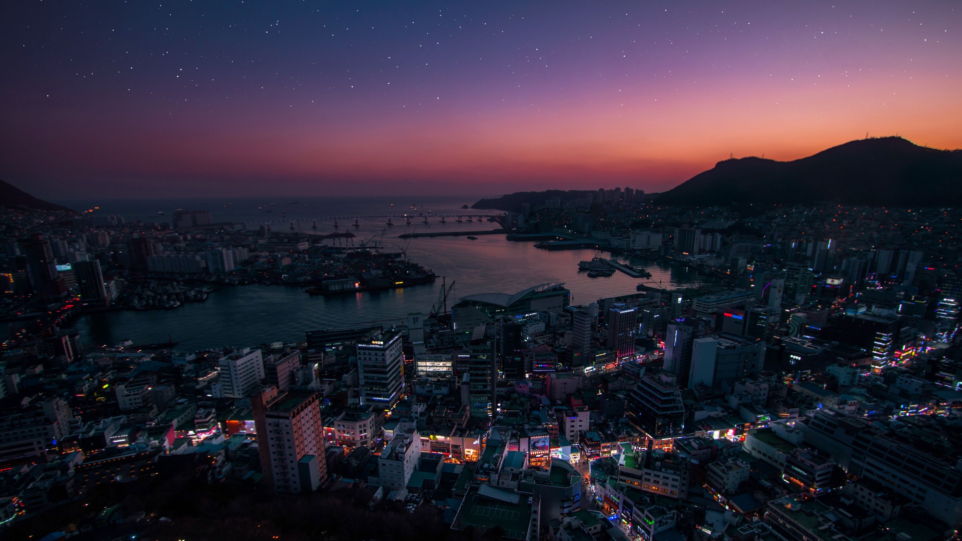Wallpaper / night city, aerial view, city lights, south korea, 4k free download