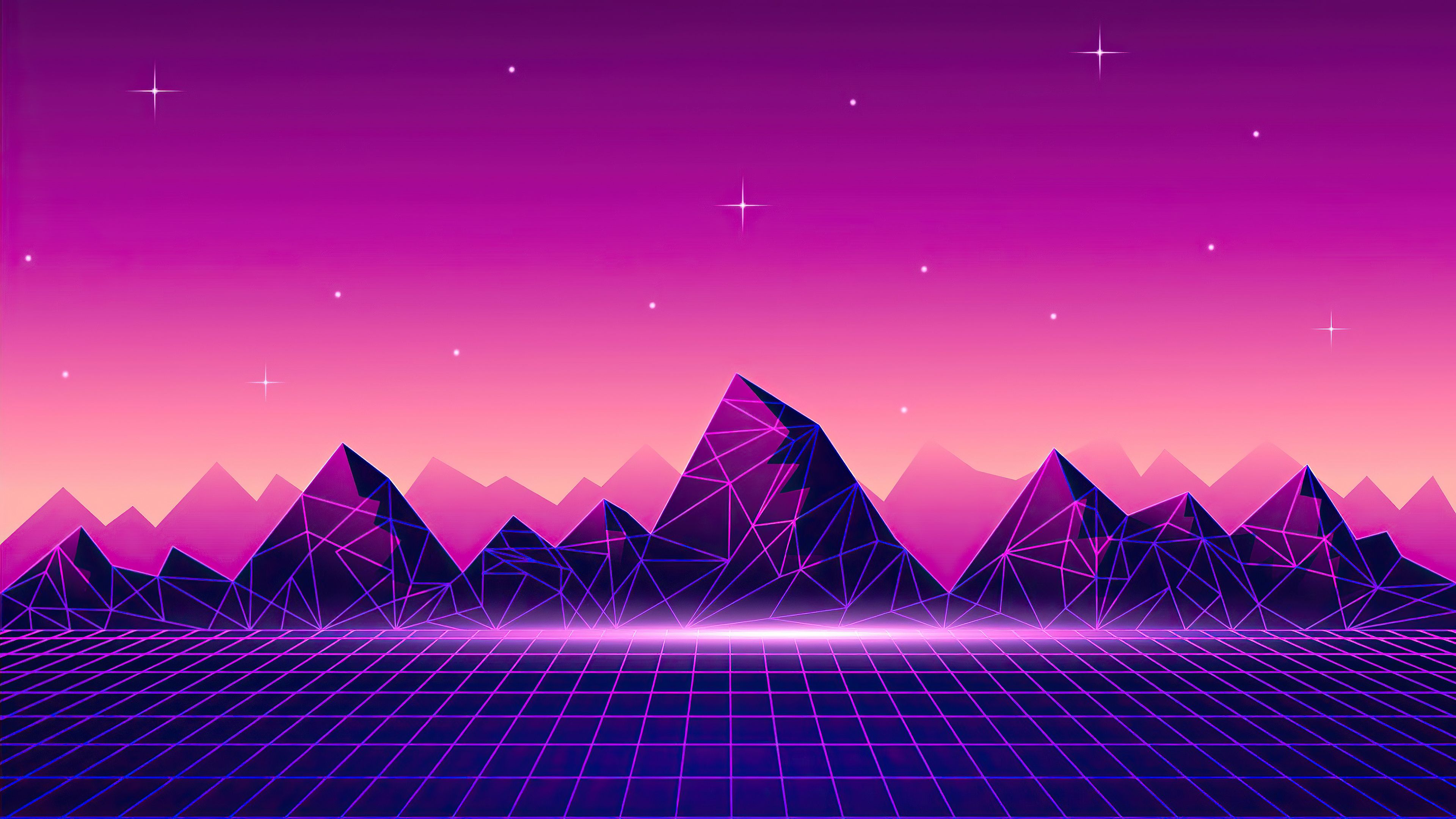 A futuristic purple and pink landscape with a mountain range - Synthwave