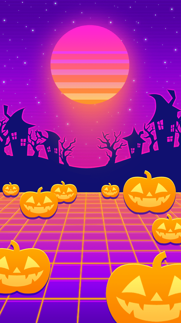 A purple and orange halloween scene with pumpkins - Synthwave