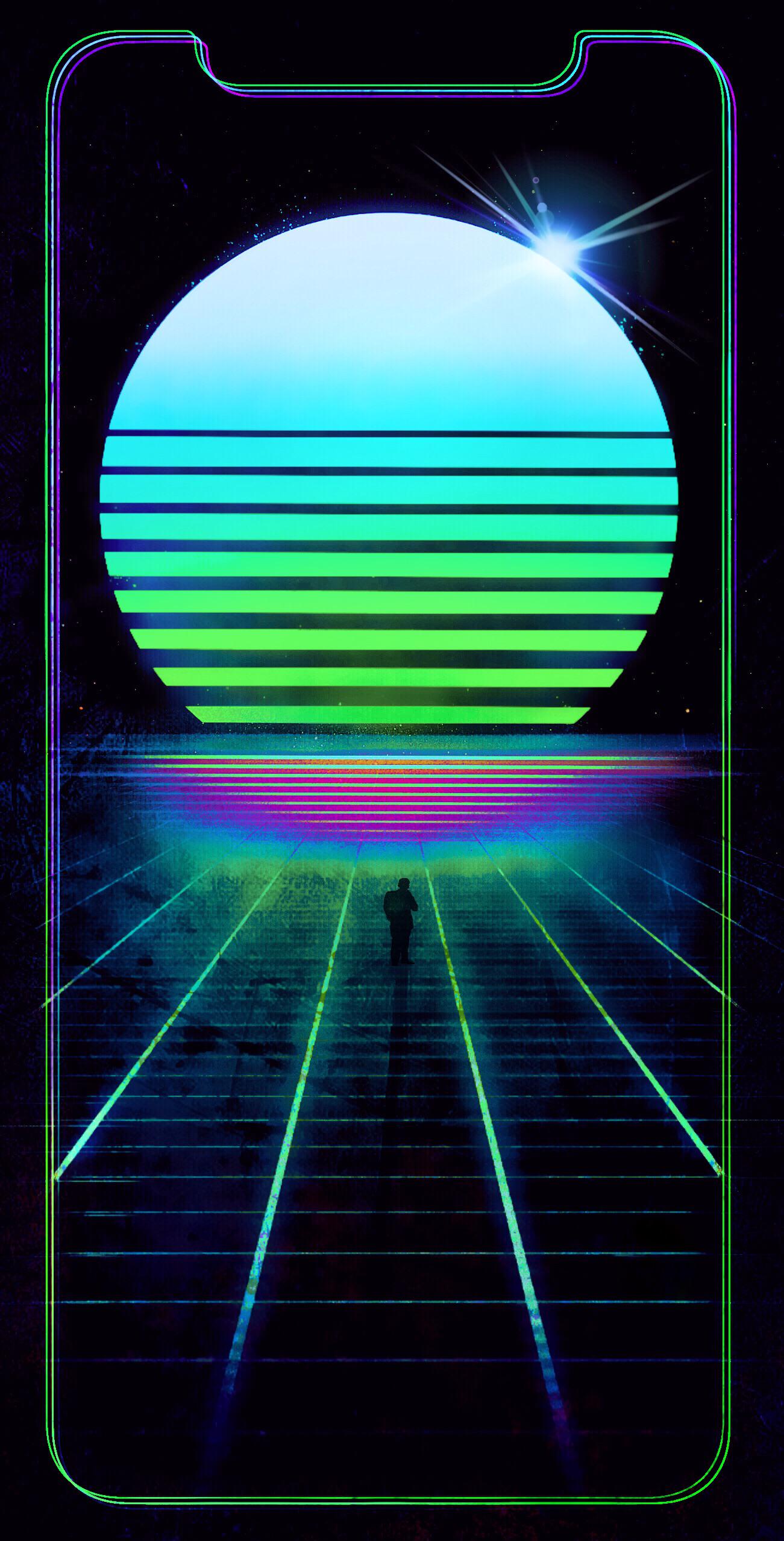 IPhone wallpaper of a man walking on a track with a sunset in the background - Synthwave