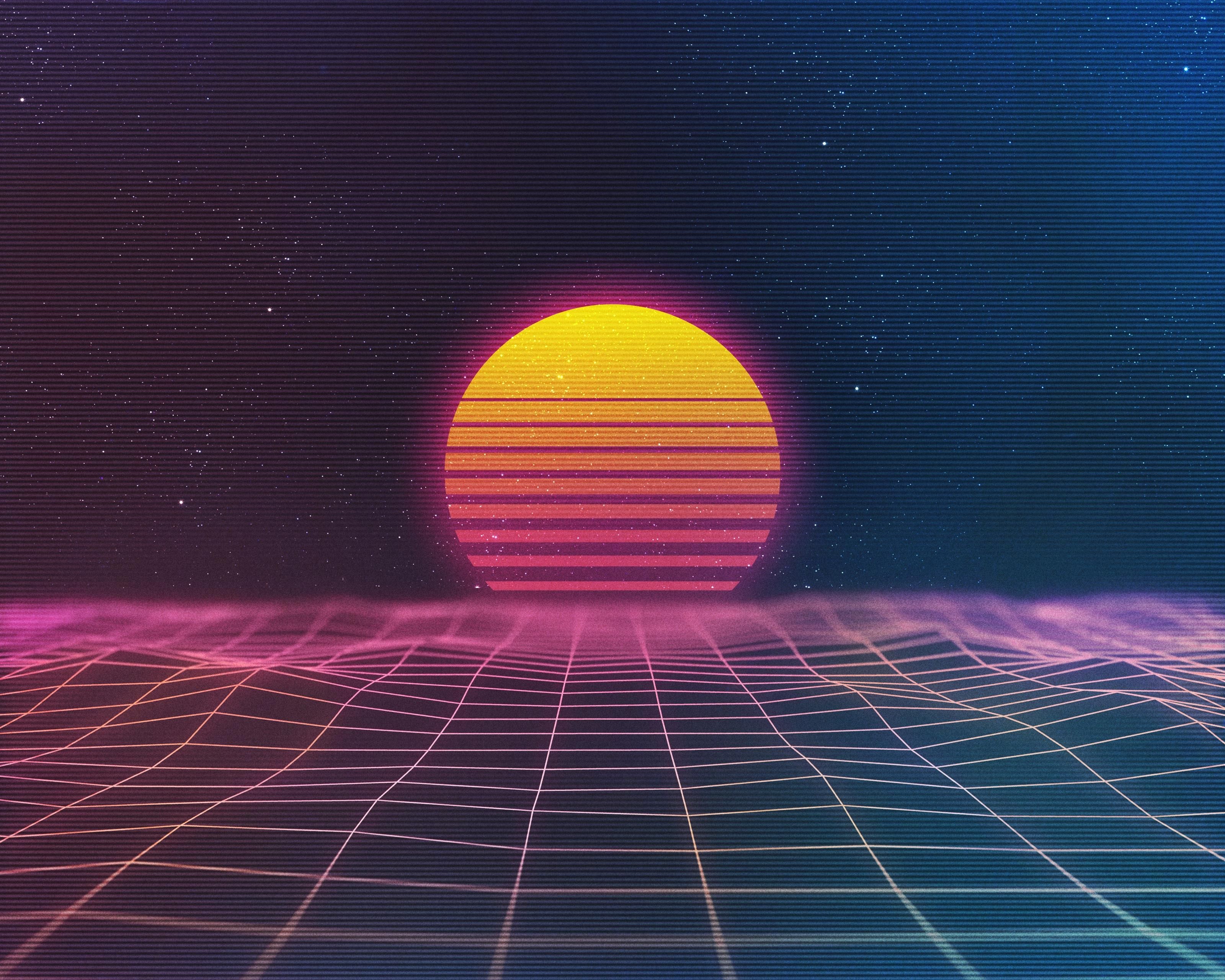 A sunset over a grid of interconnected lines - Synthwave