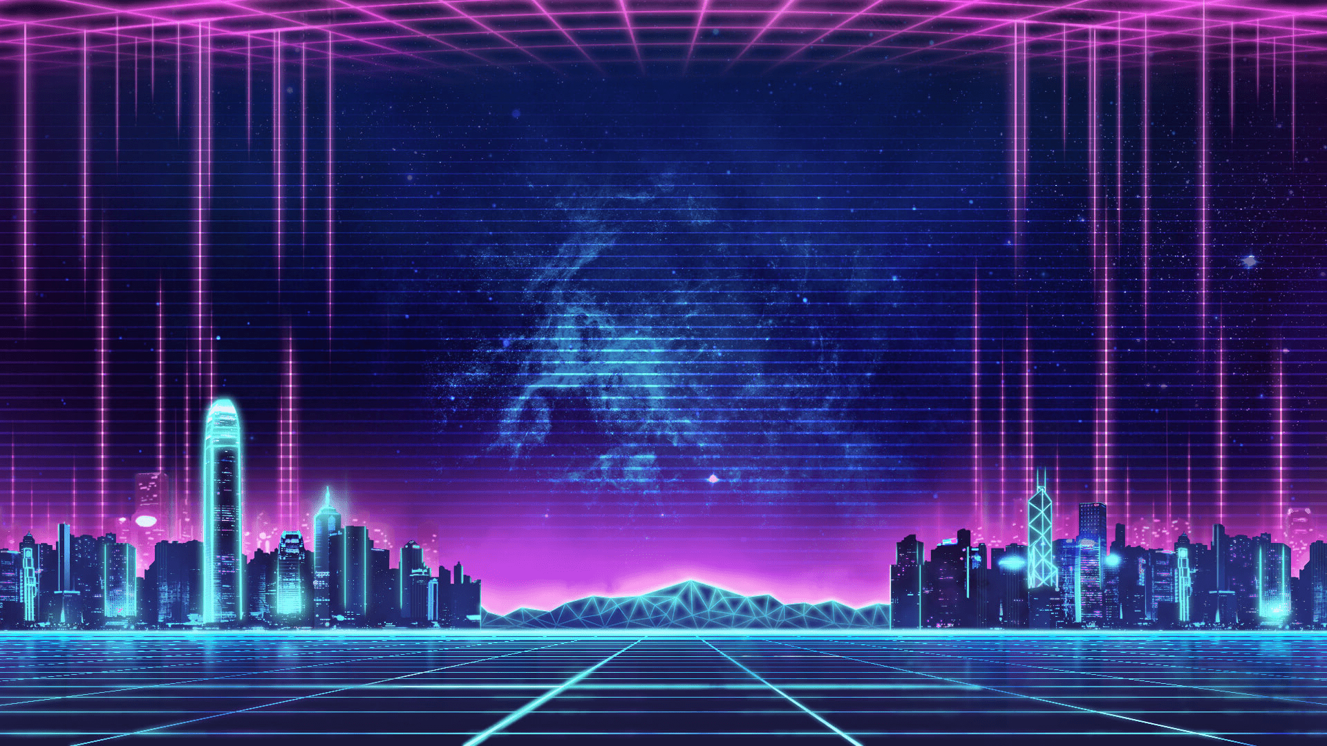 A retro city with neon lights and buildings - Synthwave