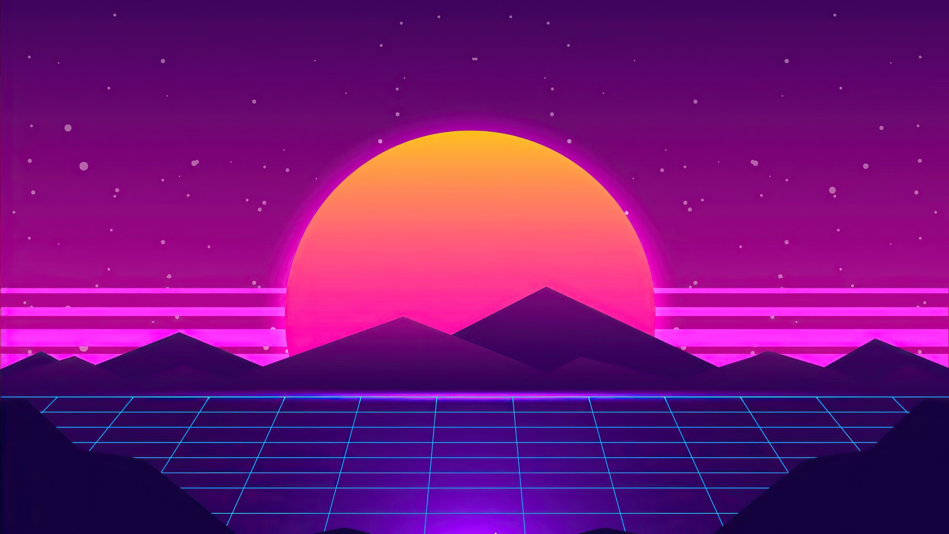 A retro style sunset with mountains and purple sky - Synthwave