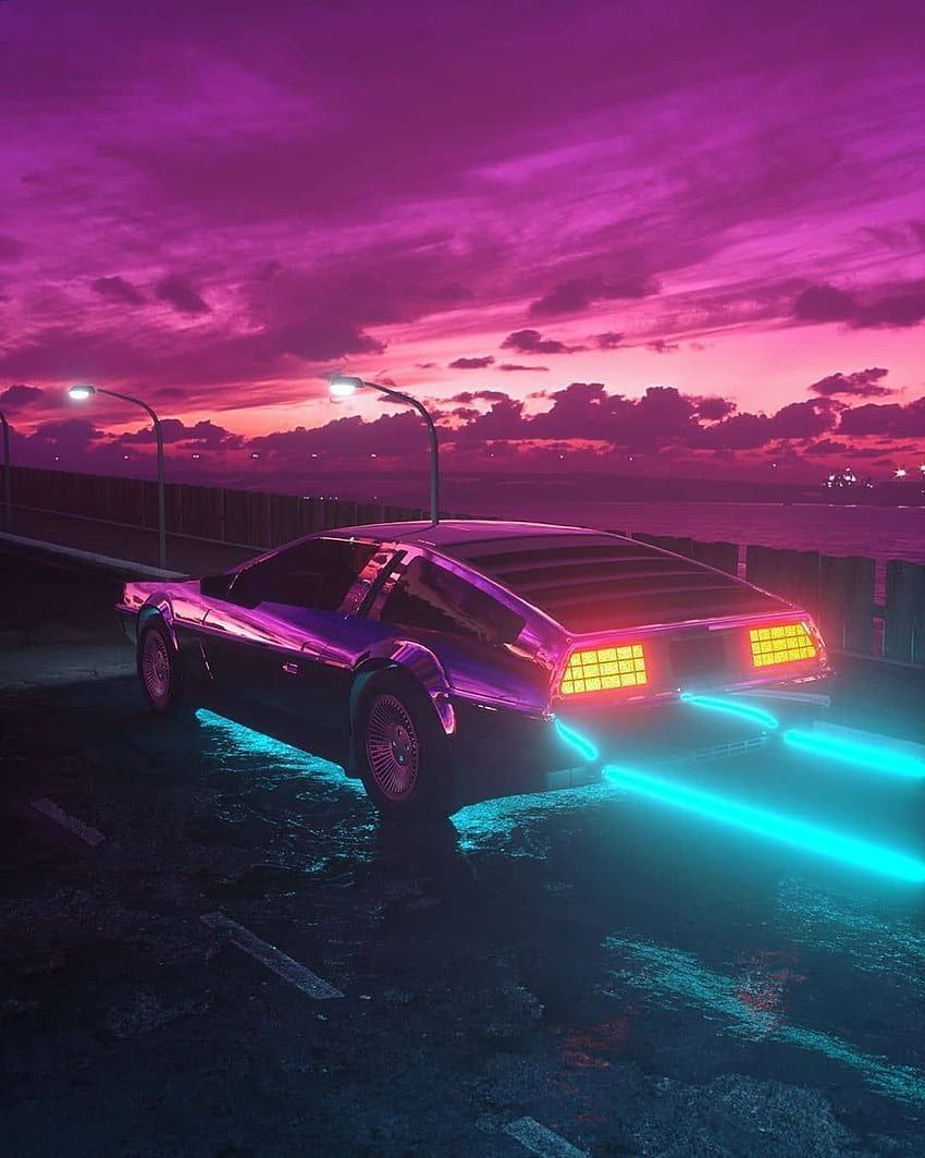 A purple car with neon lights on the road - Synthwave