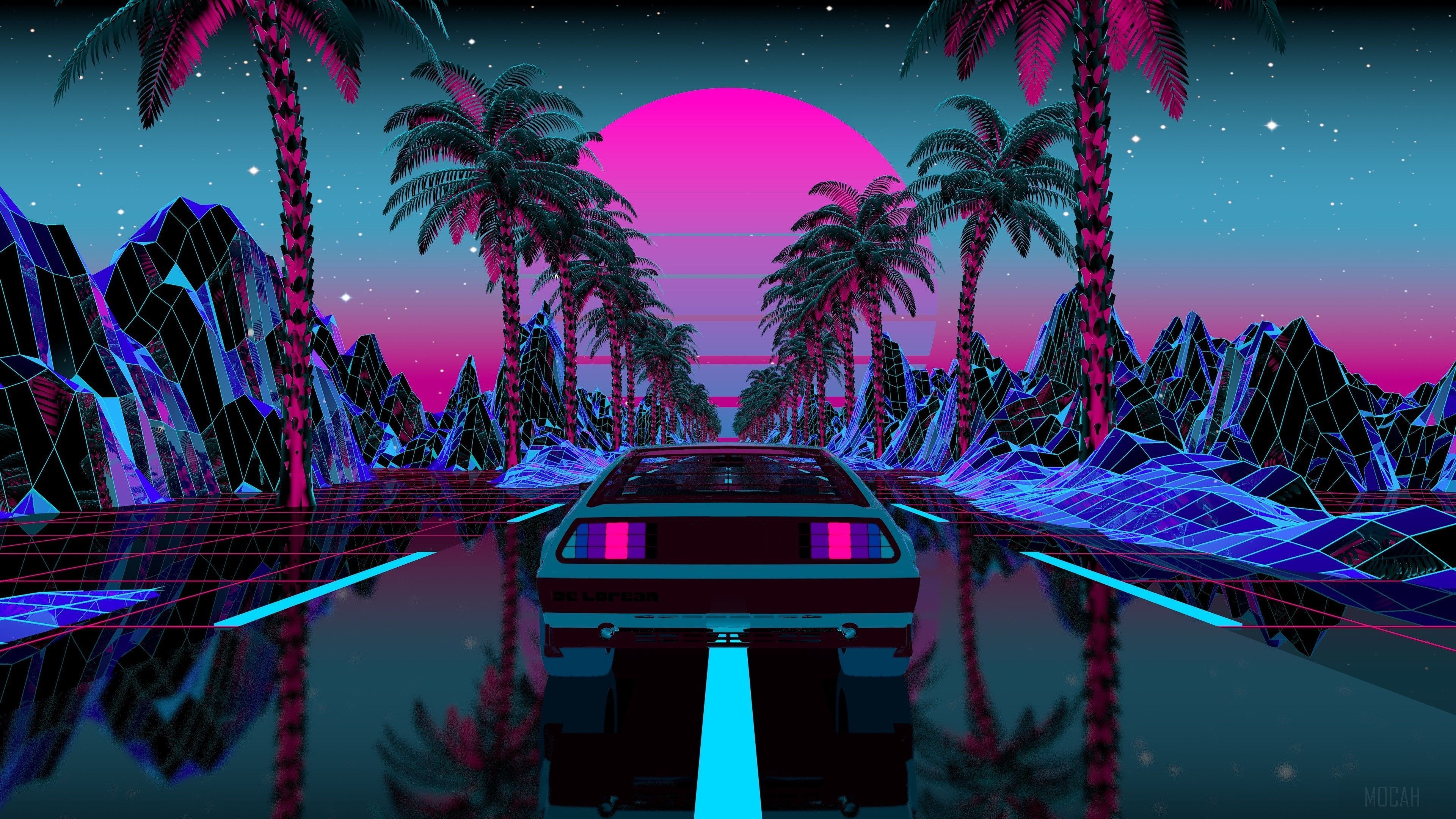 A car is driving down a road with palm trees on either side. The road is reflecting in the water. - Synthwave