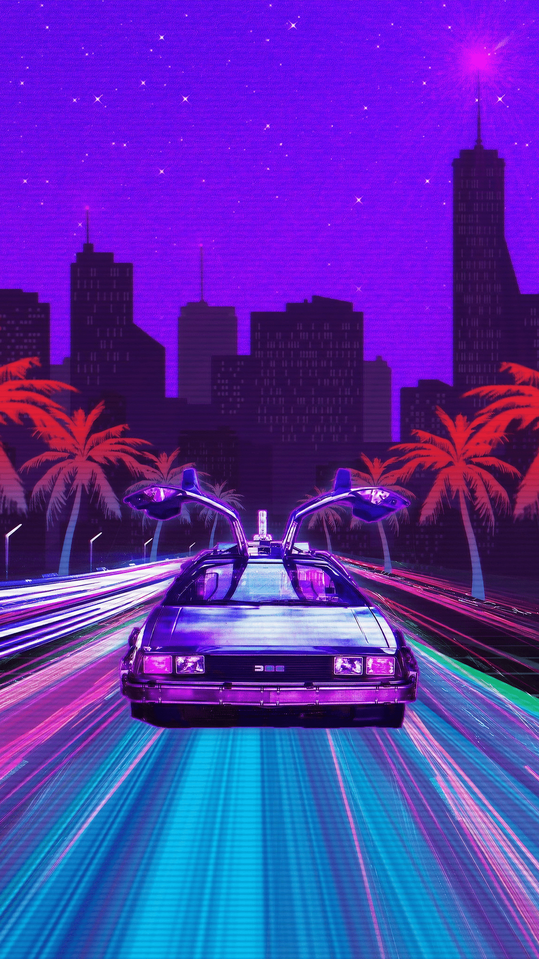 Back to the future delorean 80s synthwave art phone wallpaper - Synthwave