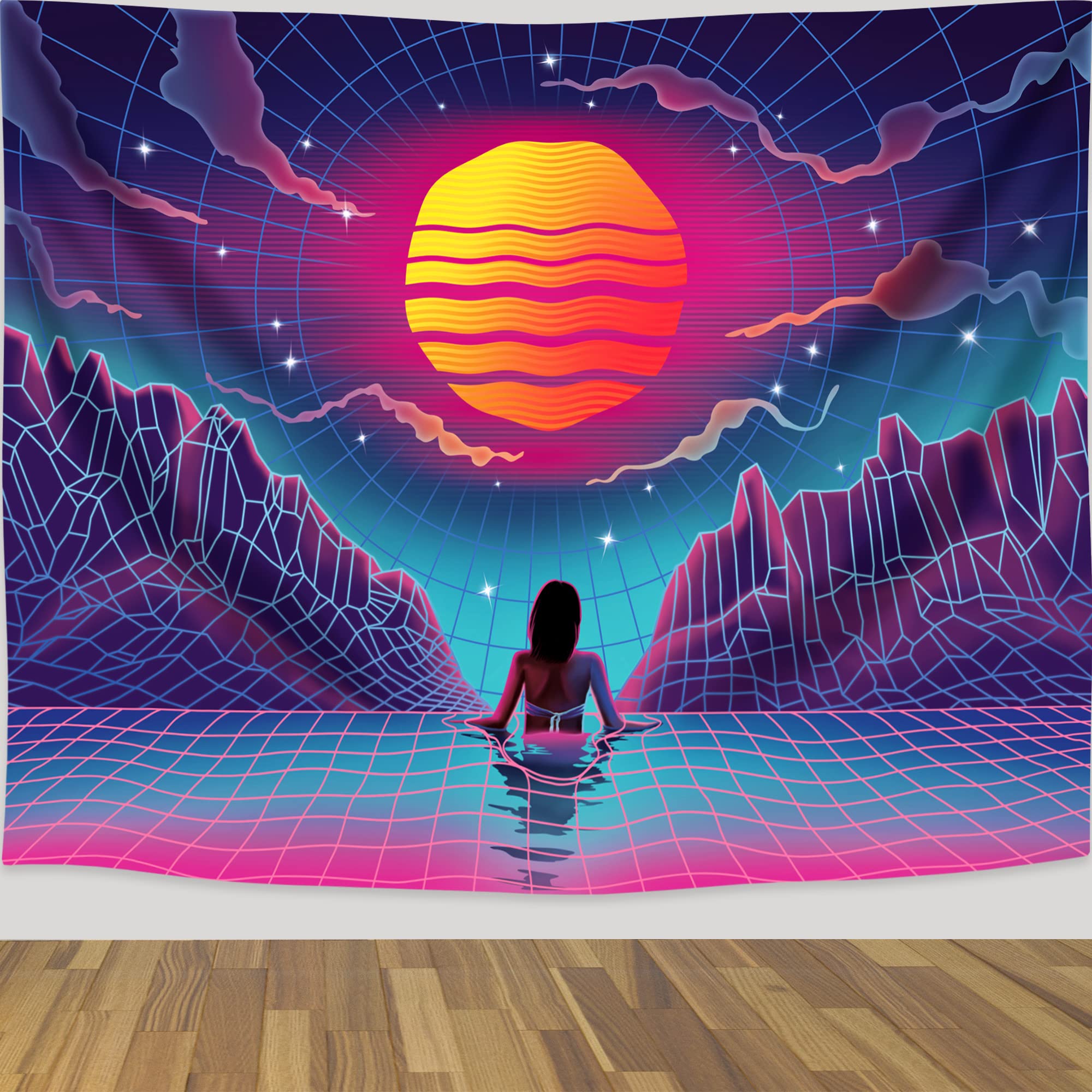 A woman sitting on the ground looking at an abstract sunset - Synthwave
