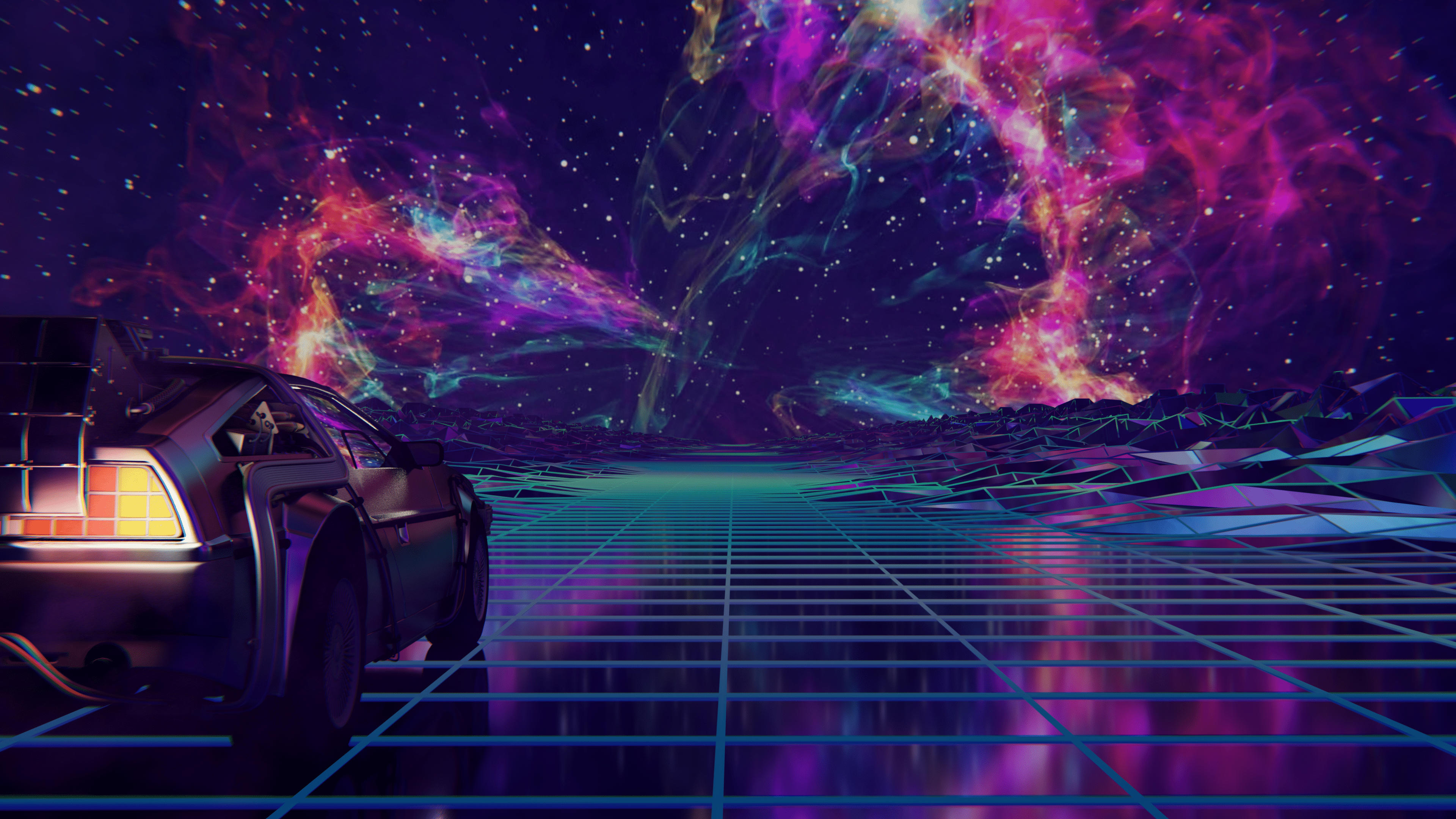 Back to the future car in a futuristic galaxy - Synthwave