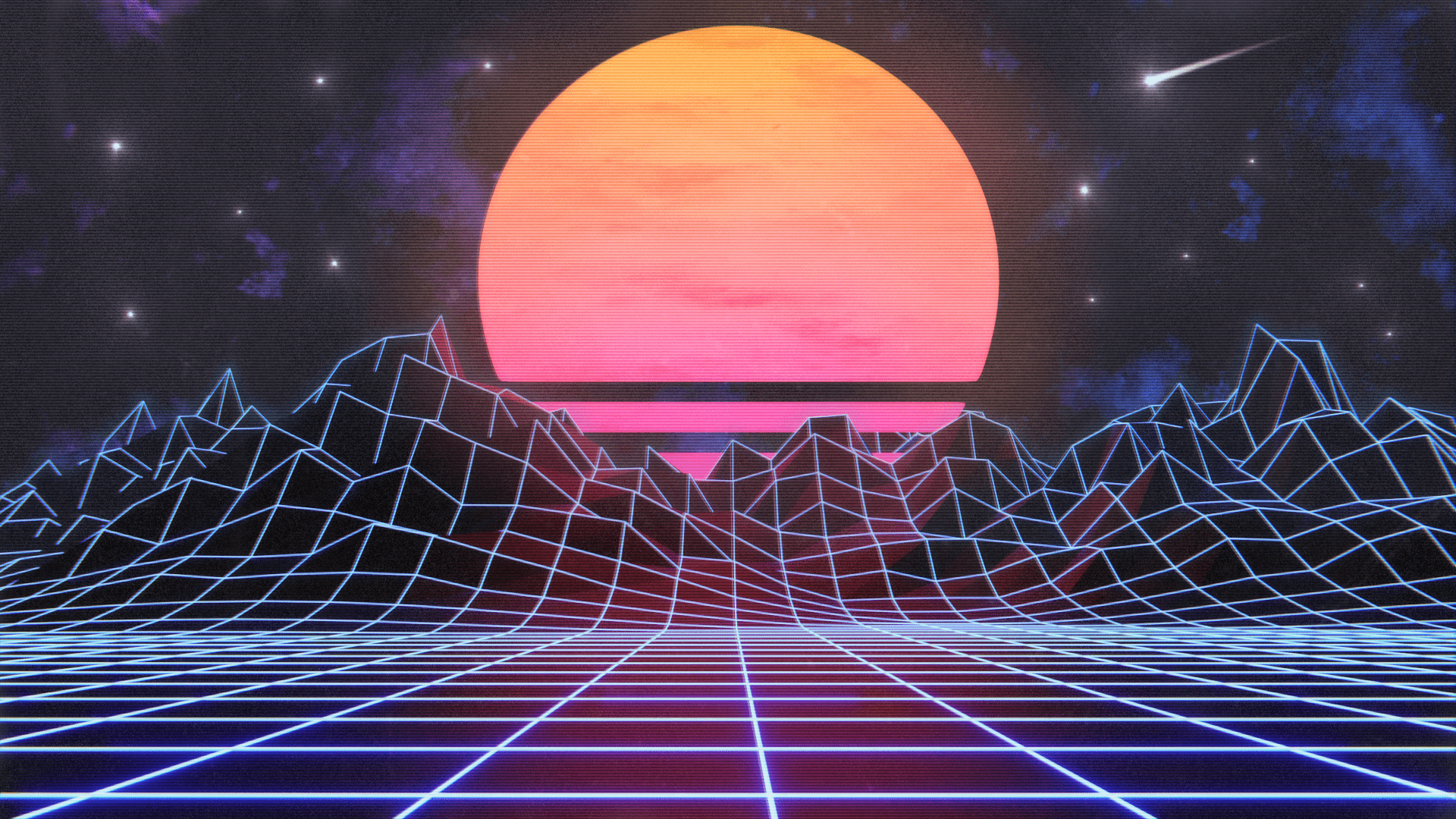 A retro looking sunset with mountains in the background - Synthwave
