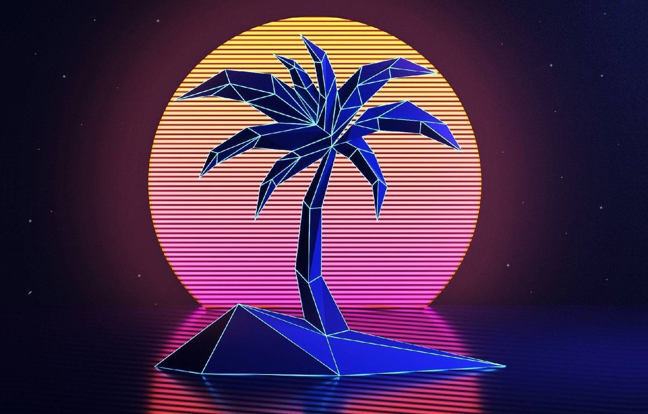 A neon palm tree on an island - Synthwave