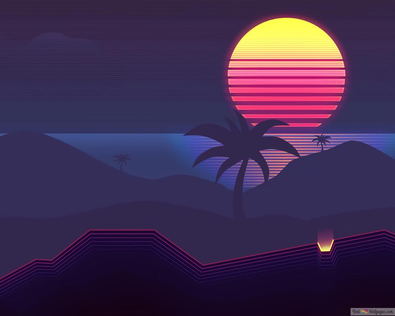 The sun is setting over the mountains, and the sky is filled with stars. - Synthwave