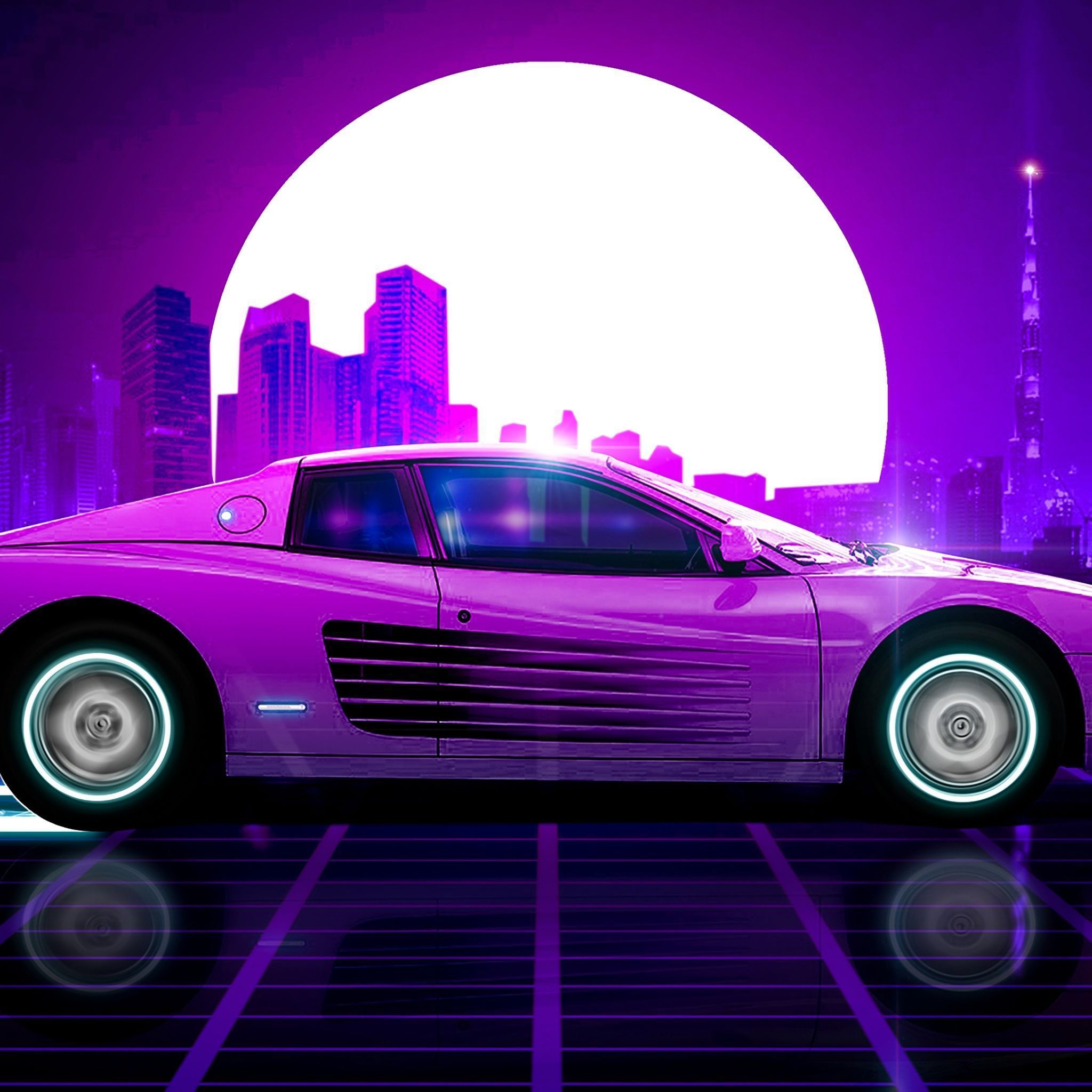 A car with a purple neon aesthetic - Synthwave