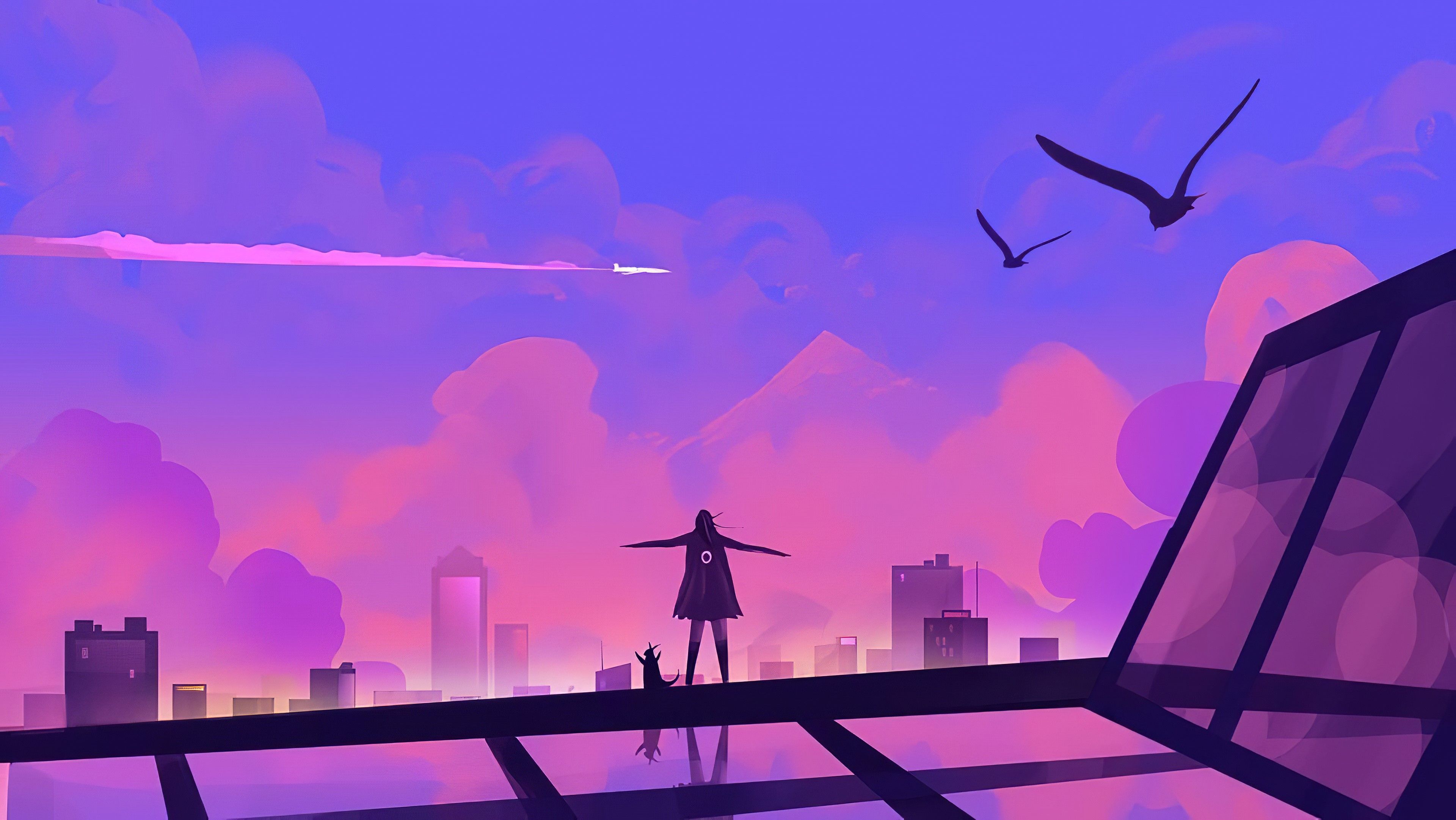 A girl with her arms outstretched looking at the city - Synthwave