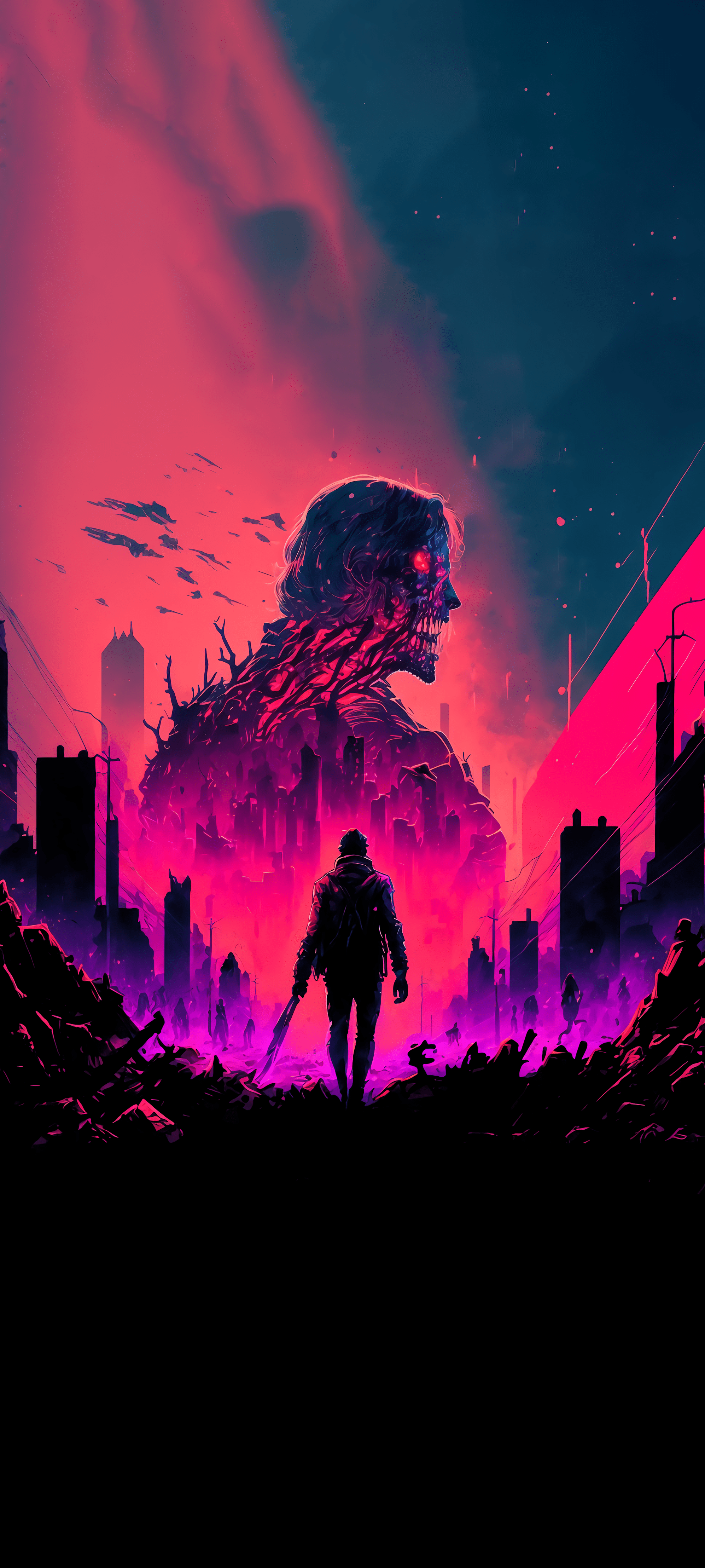 Elevate the aesthetics of you phone with this zombie synthwave wallpaper