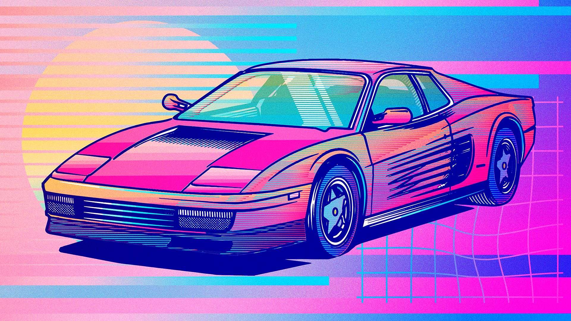 An illustration of a pink sports car on a blue and pink background - Synthwave, cars
