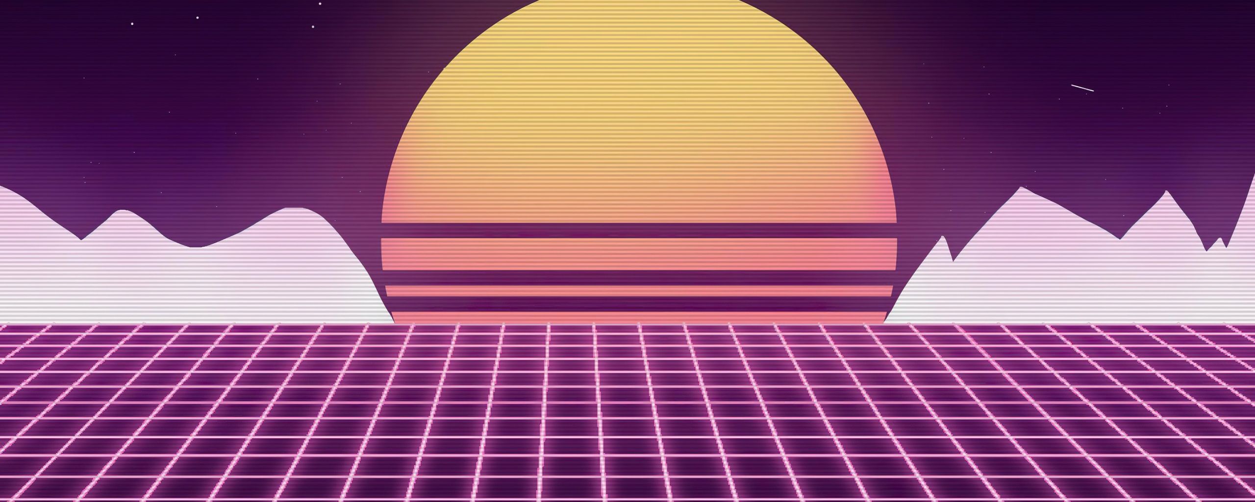 Synthwave sunset with mountains and a grid - Synthwave
