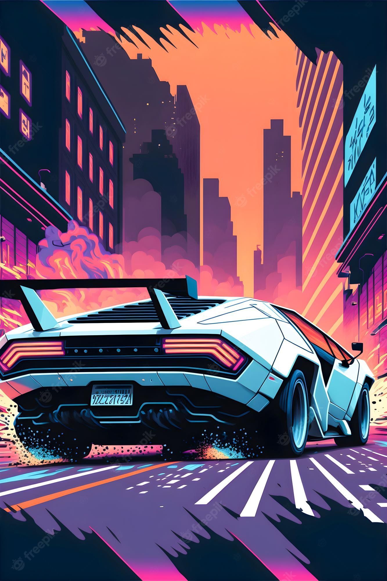 An illustration of a futuristic car with neon lights driving through a city at night - Synthwave