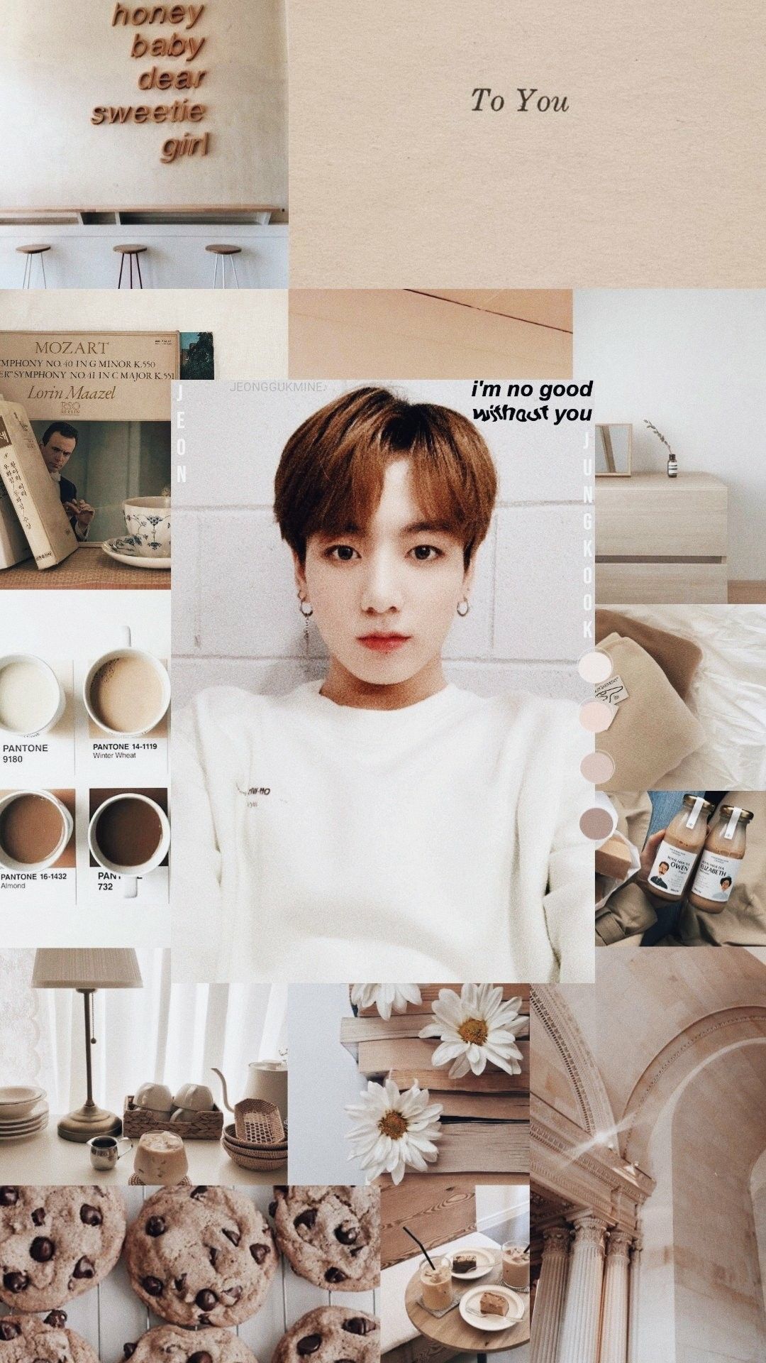Aesthetic collage featuring TXT's Soobin, a vase of daisies, and a plate of cookies. - Jungkook