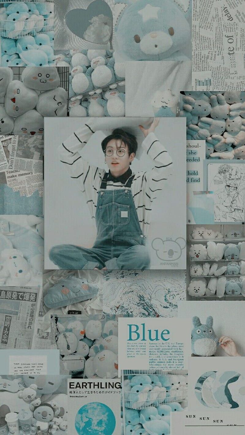 A collage of pictures with blue backgrounds - Jungkook
