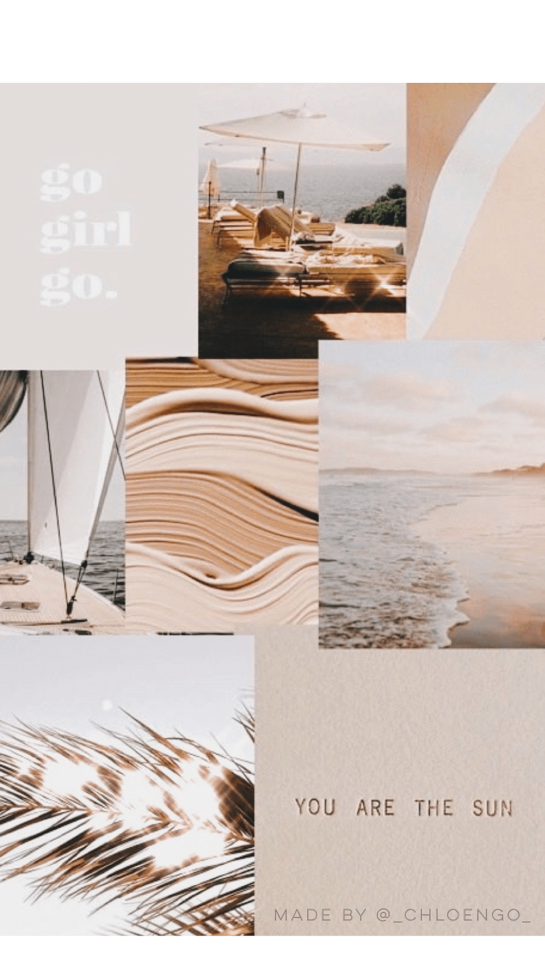 Collage of images of the beach, a boat, and the sun with the words 