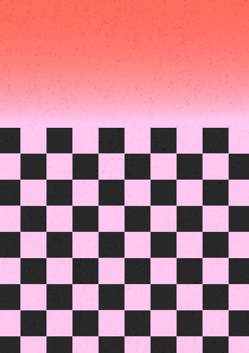 A black and pink checkered pattern against a red gradient background - Checkered