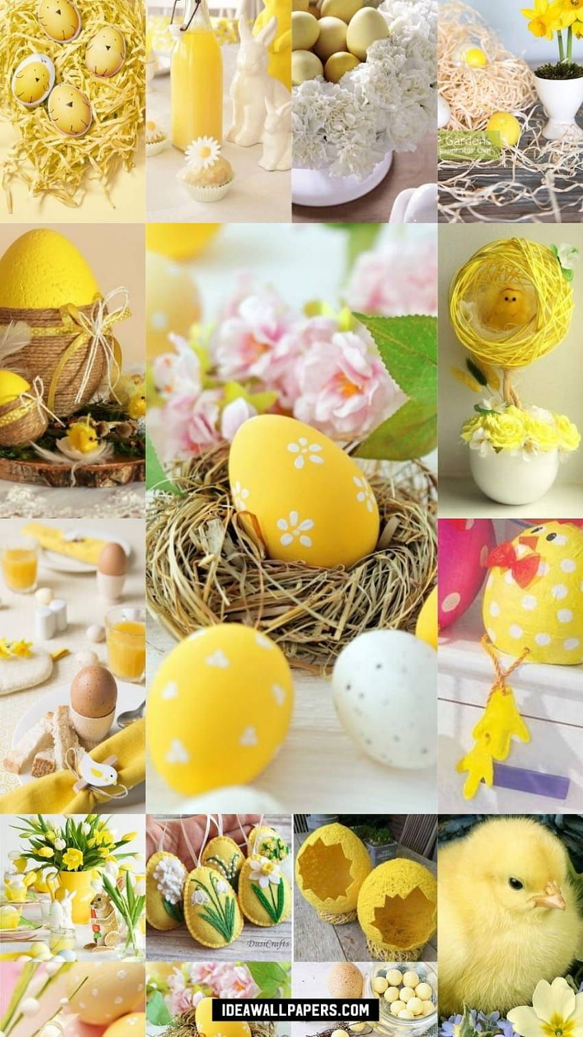 A collage of pictures with yellow eggs and flowers - Easter